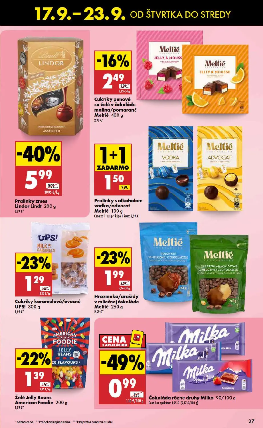 Biedronka leták, strana 27 z 48 — Pralinky zmes Lindor Lindt, Pralinky s alkoholom vodka/advocat Meltié, Čokoláda rôzne druh…