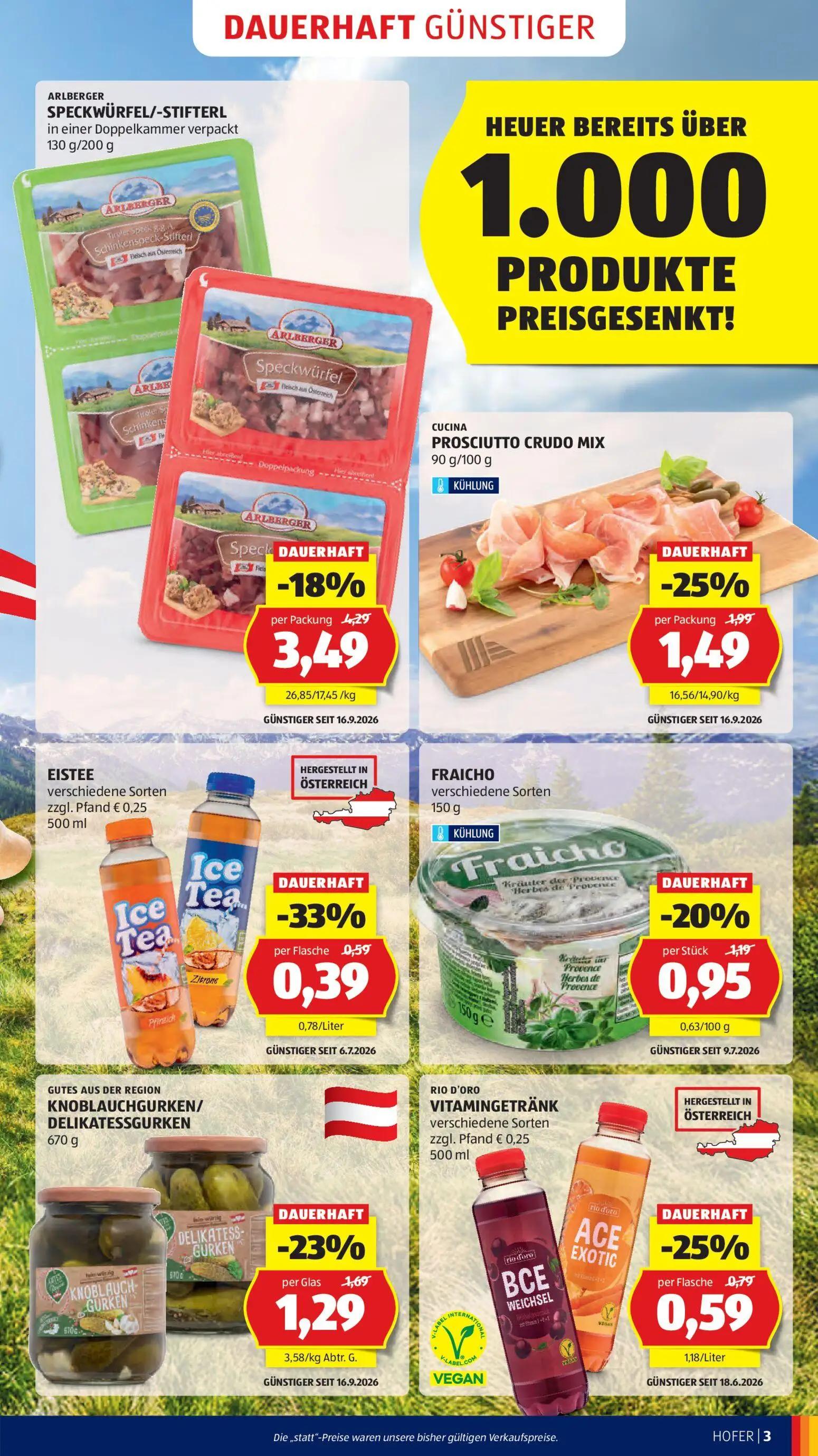 Hofer Prospekt, Seite 7 von 48 — ARLBERGER SPECKWÜRFEL/-STIFTERL in einer Doppelkammer verpackt, CUCINA PROSCIUTTO CRUDO MIX…