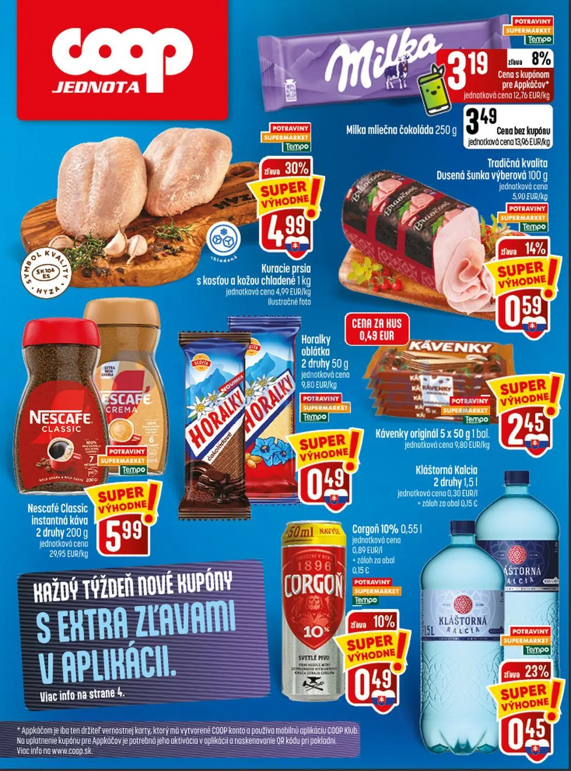 Coop Jednota leták, strana 28 z 28 — Kuracie prsia s kosťou a kožou chladené, Milka mliečna čokoláda, Kláštorná Kalcia