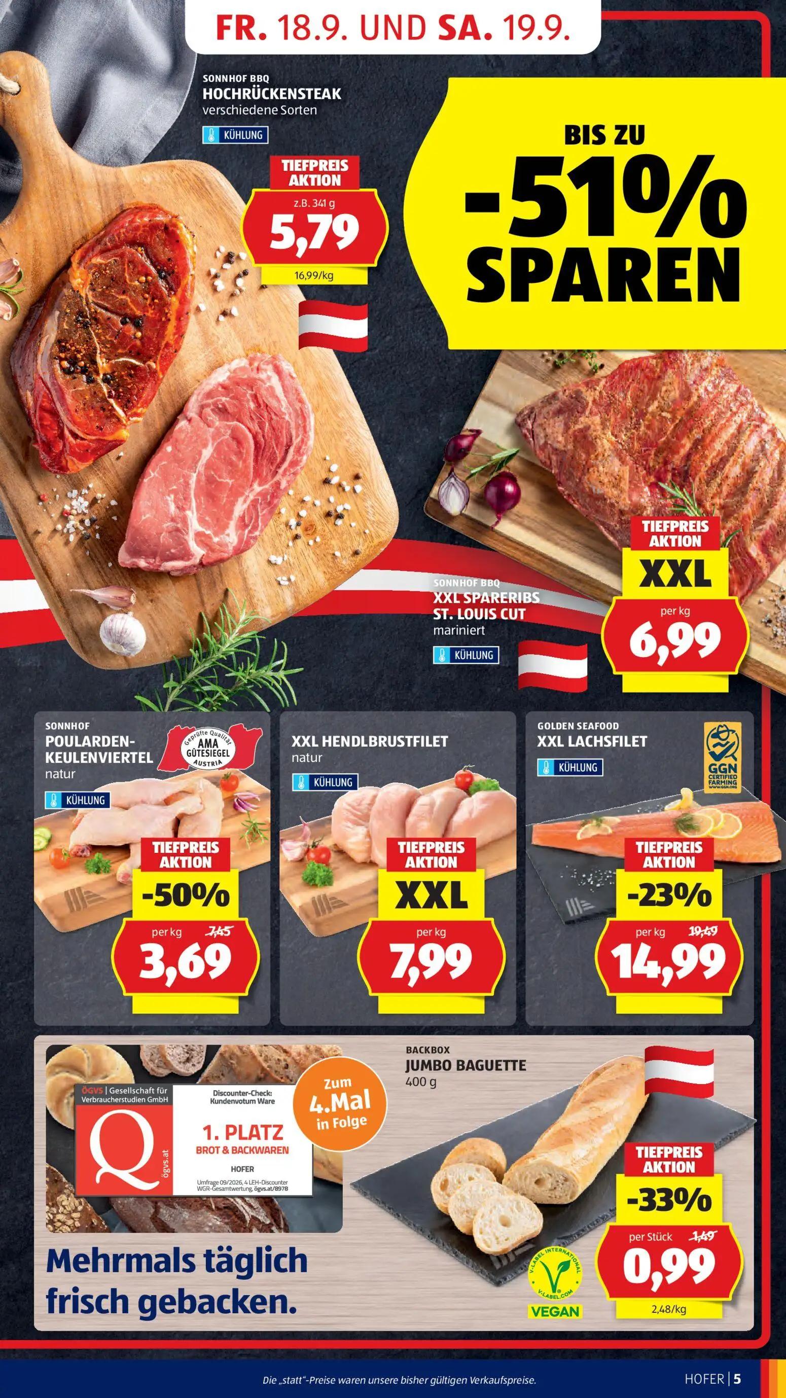 Hofer Prospekt, Seite 9 von 48 — GOLDEN SEAFOOD XXL LACHSFILET, SONNHOF POULARDEN-KEULENVIERTEL natur, BACKBOX JUMBO BAGUETTE