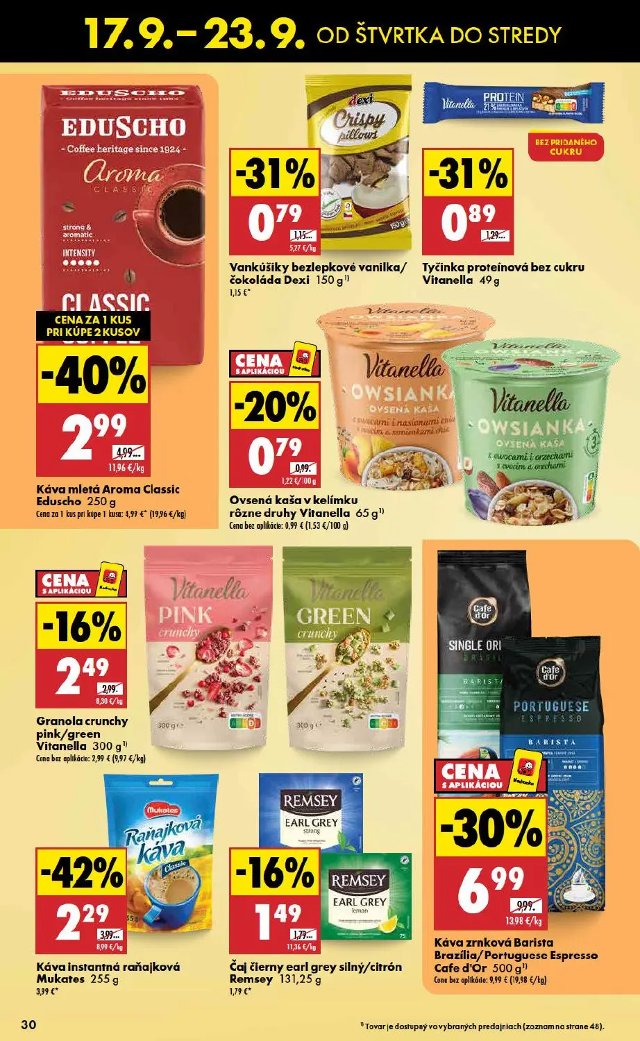 Biedronka leták, strana 30 z 48 — Káva zrnková Barista Brazília/Portuguese Espresso Cafe d'Or, Káva mletá Aroma Classic Edus…