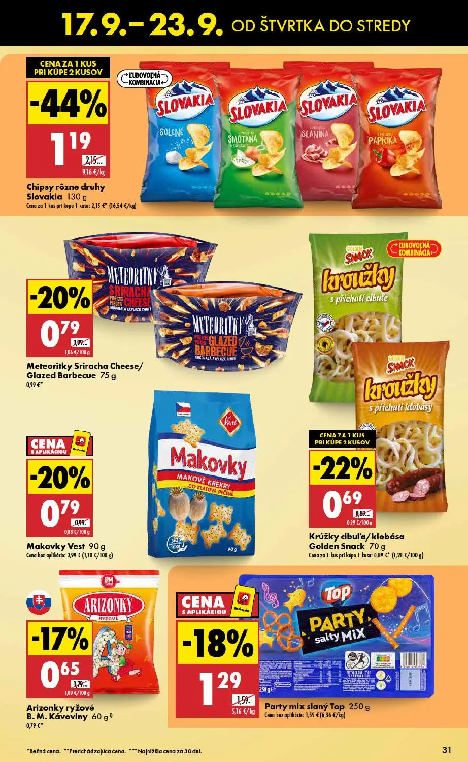 Biedronka leták, strana 31 z 48 — Chipsy rôzne druhy Slovakia, Party mix slaný Top, Meteoritky Sriracha Cheese/ Glazed Barbe…