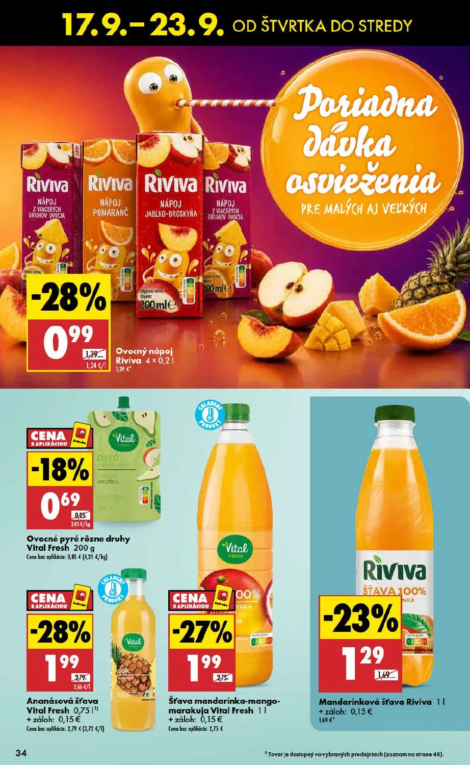 Biedronka leták, strana 34 z 48 — Ananásová šťava Vital Fresh, Šťava mandarínka-mango-marakuja Vital Fresh, Ovocný nápoj Riv…