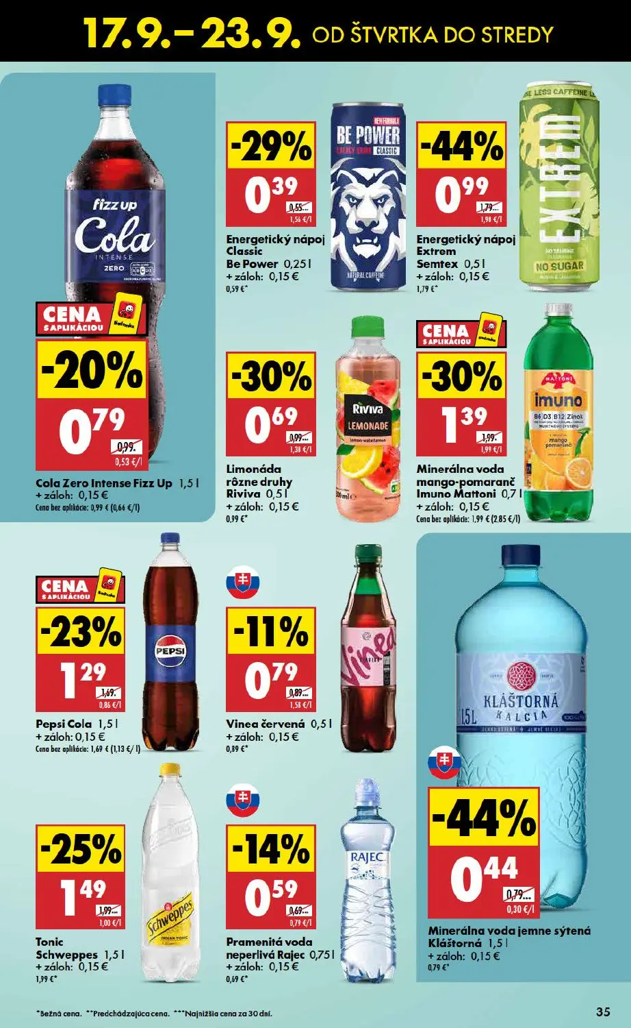 Biedronka leták, strana 35 z 48 — Energetický nápoj Extrem Semtex, Minerálna voda mango-pomaranč Imuno Mattoni, Tonic Schwep…