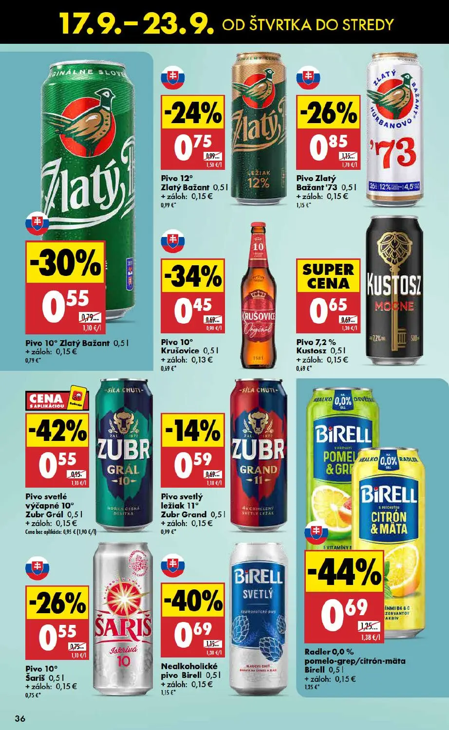 Biedronka leták, strana 36 z 48 — Radler 0,0% pomelo-grep/citrón-mäta Birell, Nealkoholické pivo Birell, Pivo svetlé výčapné…
