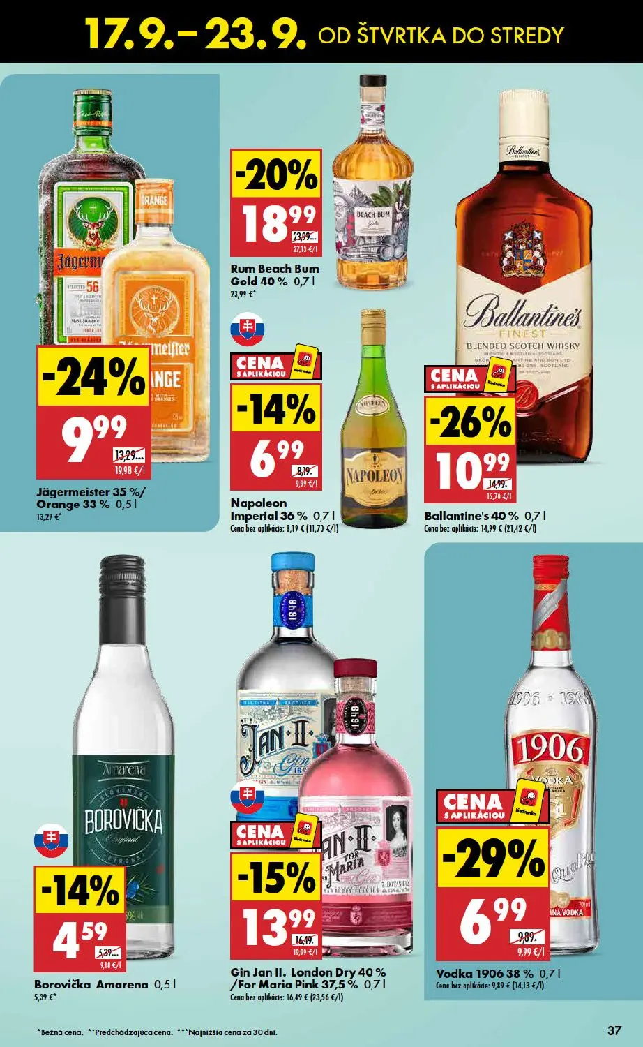 Biedronka leták, strana 37 z 48 — Rum Beach Bum Gold 40%, Ballantine's 40%, Jägermeister 35%/Orange 33%