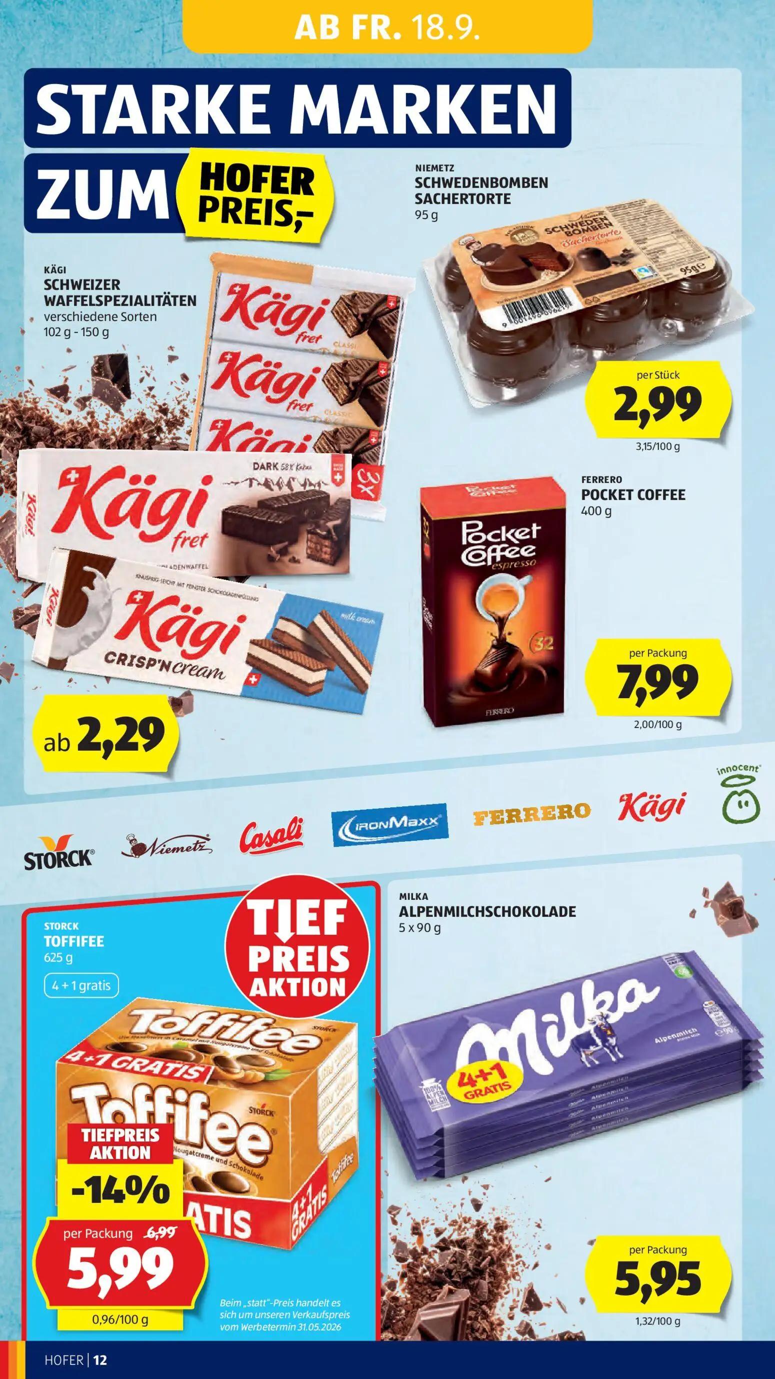 Hofer Prospekt, Seite 16 von 48 — STORCK TOFFIFEE, Kägi SCHWEIZER WAFFELSPEZIALITÄTEN, NIEMETZ SCHWEDENBOMBEN SACHERTORTE