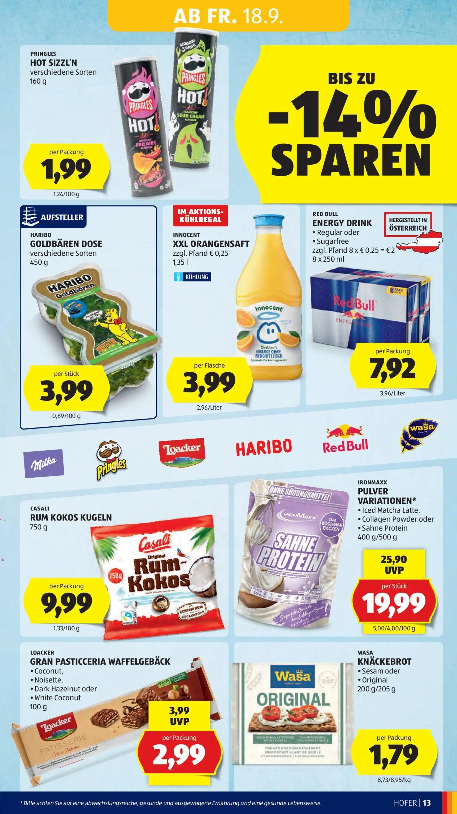 Hofer Prospekt, Seite 17 von 48 — IRONMAXX PULVER VARIATIONEN*, LOACKER GRAN PASTICCERIA WAFFELGEBÄCK, PRINGLES HOT SIZZL'N