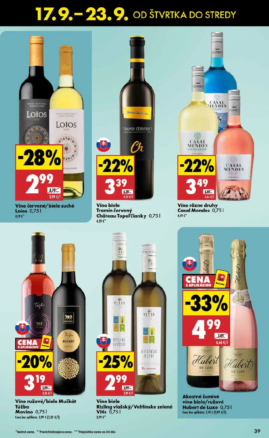 Biedronka leták, strana 39 z 48 — Akostné šumivé víno biele/ružové Hubert de Luxe, Víno červené/biele suché Loios, Víno biel…