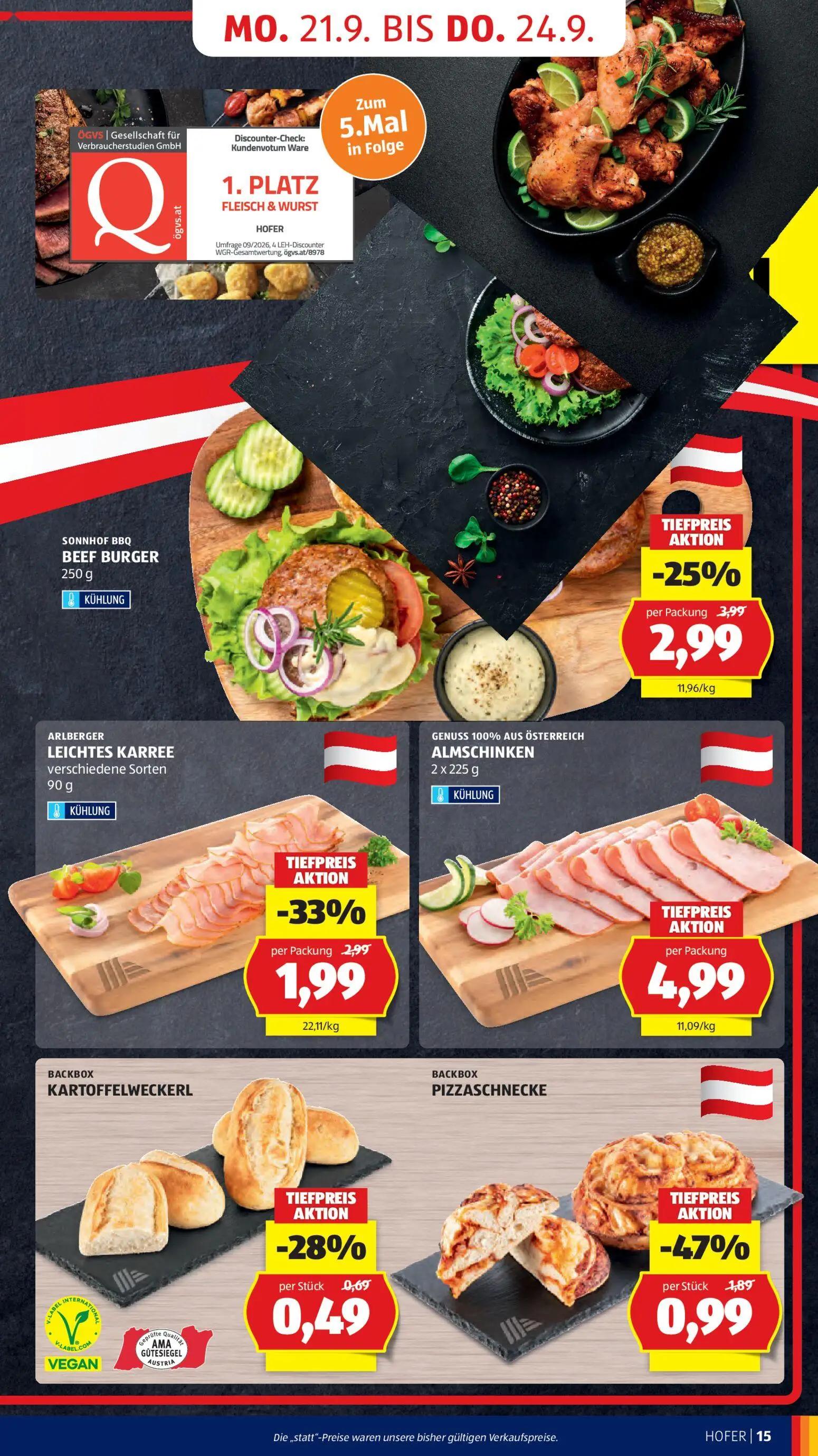 Hofer Prospekt, Seite 19 von 48 — SONNHOF BBQ BEEF BURGER, ARLBERGER LEICHTES KARREE verschiedene Sorten, BACKBOX PIZZASCHNE…