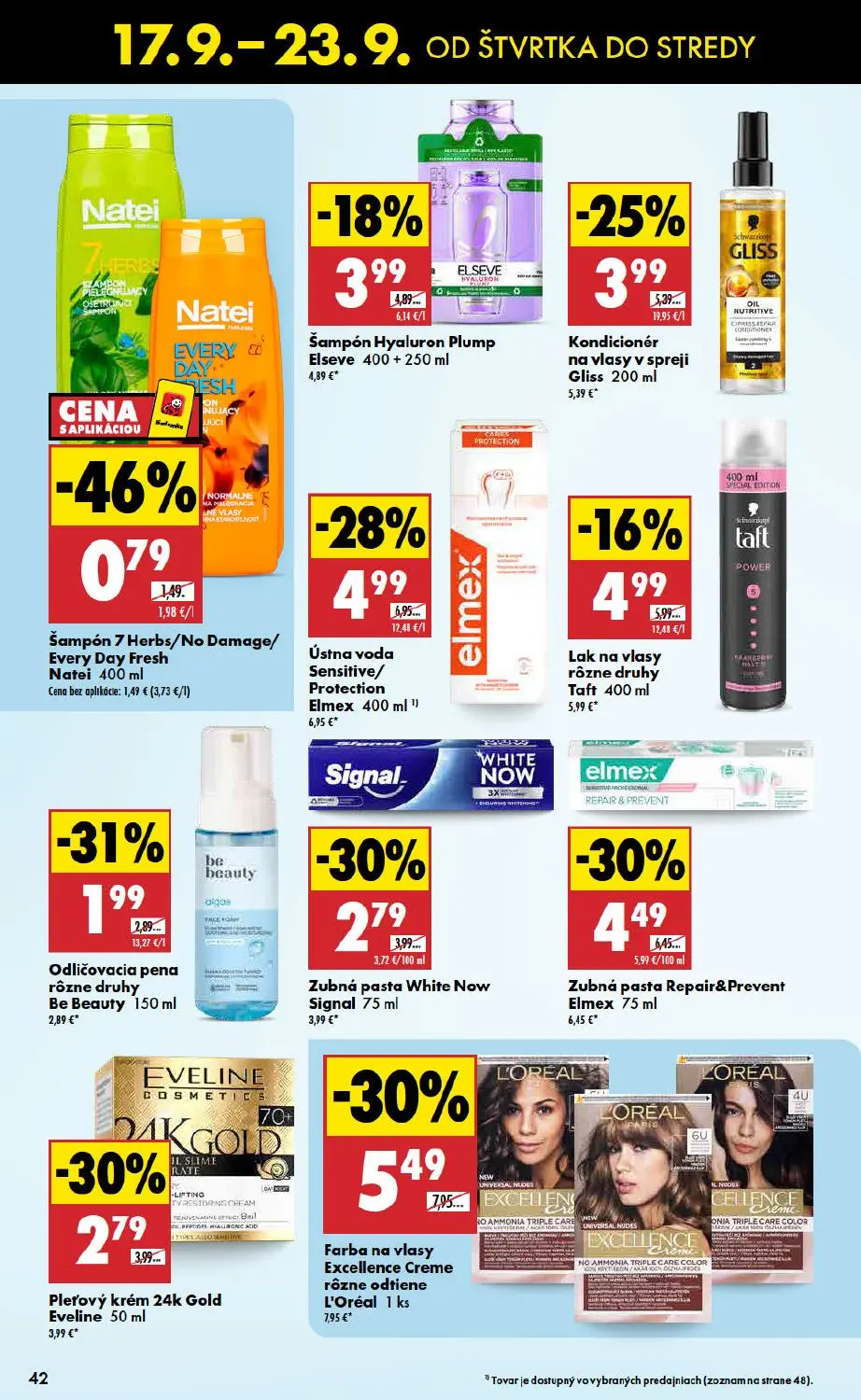 Biedronka leták, strana 42 z 48 — Farba na vlasy Excellence Creme rôzne odtiene L'Oréal, Ústna voda Sensitive/Protection Elm…