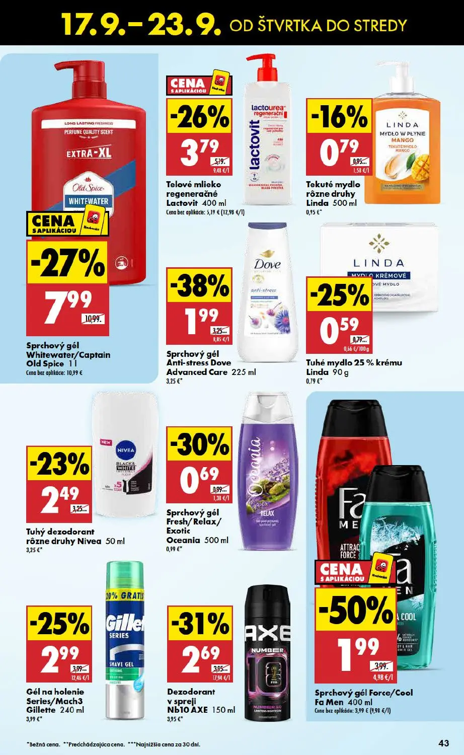 Biedronka leták, strana 43 z 48 — Sprchový gél Whitewater/Captain Old Spice, Sprchový gél Force/Cool Fa Men, Telové mlieko r…