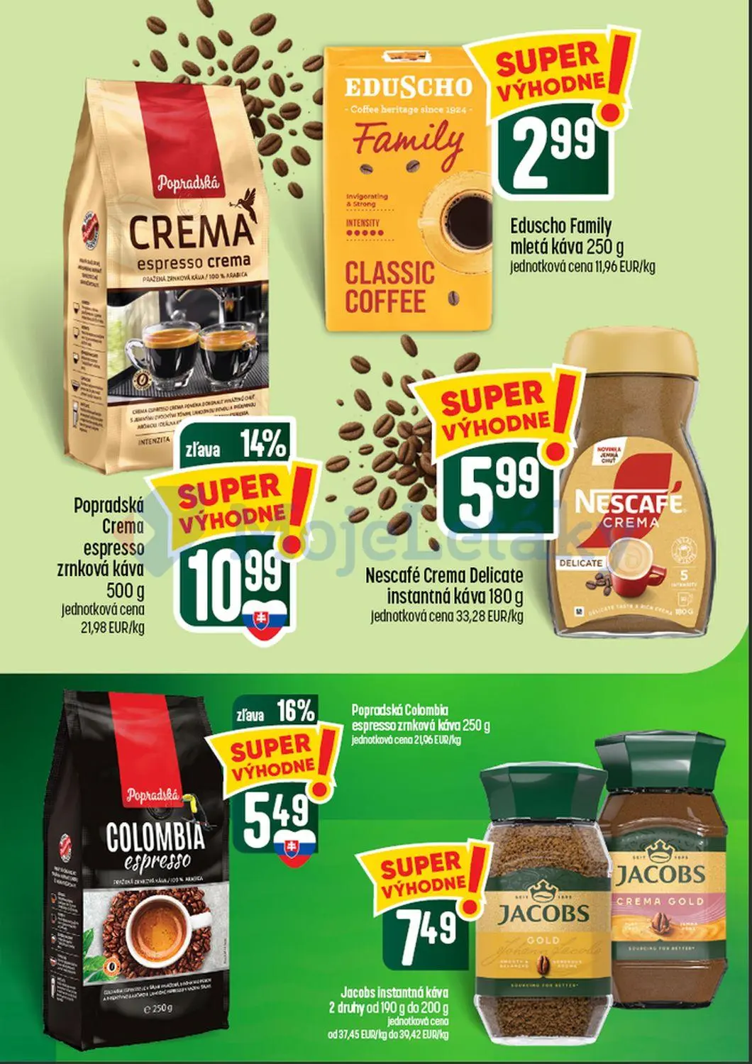 Coop Tempo leták, strana 42 z 60 — Popradská Crema espresso zrnková káva, Popradská Colombia espresso zrnková káva, Eduscho …