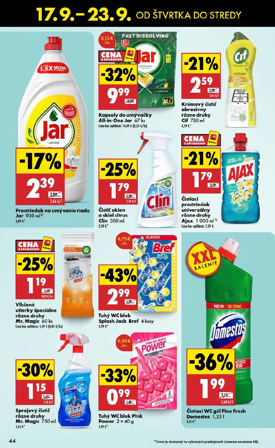 Biedronka leták, strana 44 z 48 — Kapsuly do umývačky All-in-One Jar, Tuhý WC blok Splash Jack Bref, Čistiaci WC gél Pine Fr…