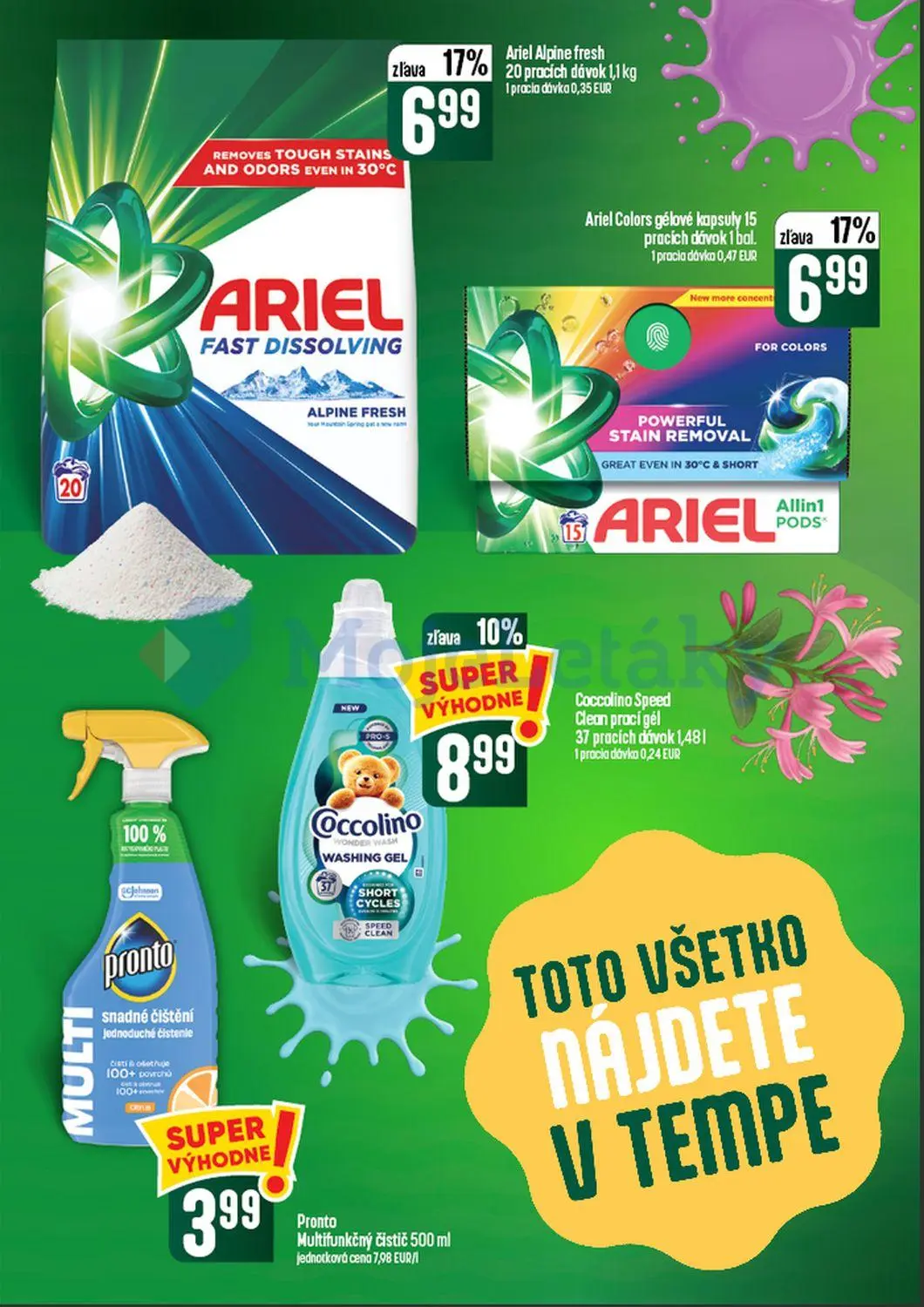 Coop Tempo leták, strana 52 z 60 — Ariel Alpine fresh, Ariel Colors gélové kapsuły, Coccolino Speed Clean prací gél