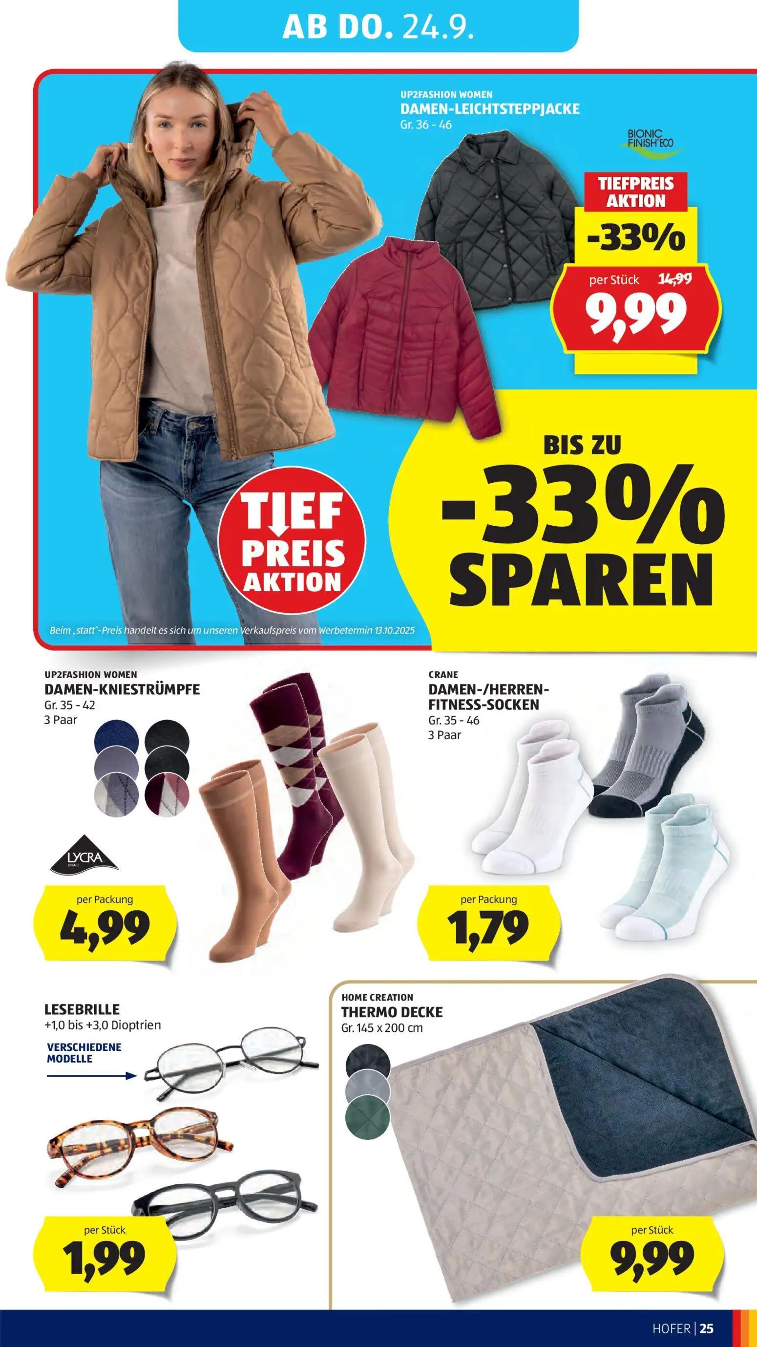 Hofer Prospekt, Seite 31 von 48 — DAMEN-LEICHTSTEPPJACKE, DAMEN-KNIESTRÜMPFE, DAMEN-/HERREN-FITNESS-SOCKEN
