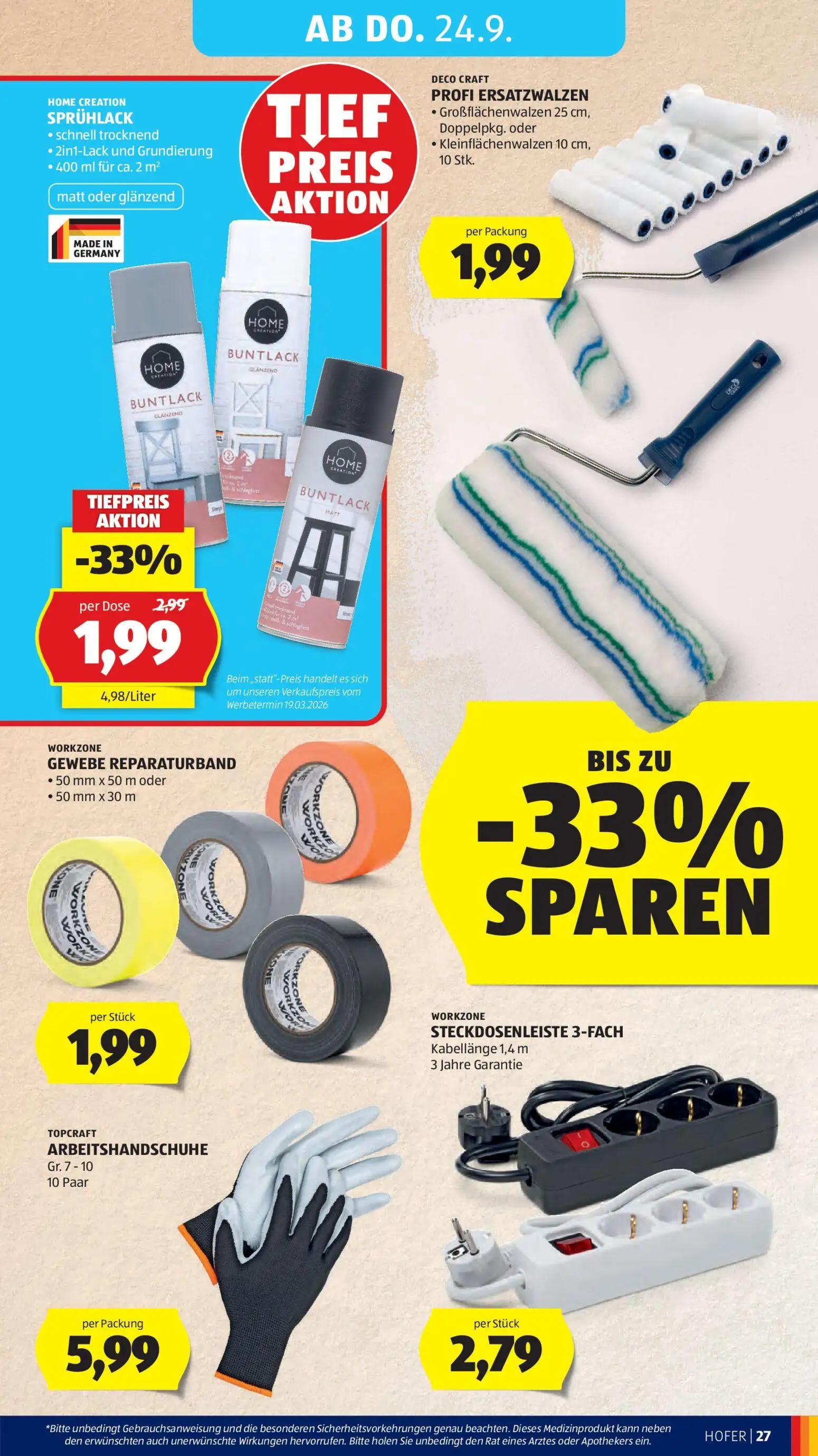 Hofer Prospekt, Seite 33 von 48 — SPRÜHLACK, PROFI ERSATZWALZEN, GEWEBE REPARATURBAND