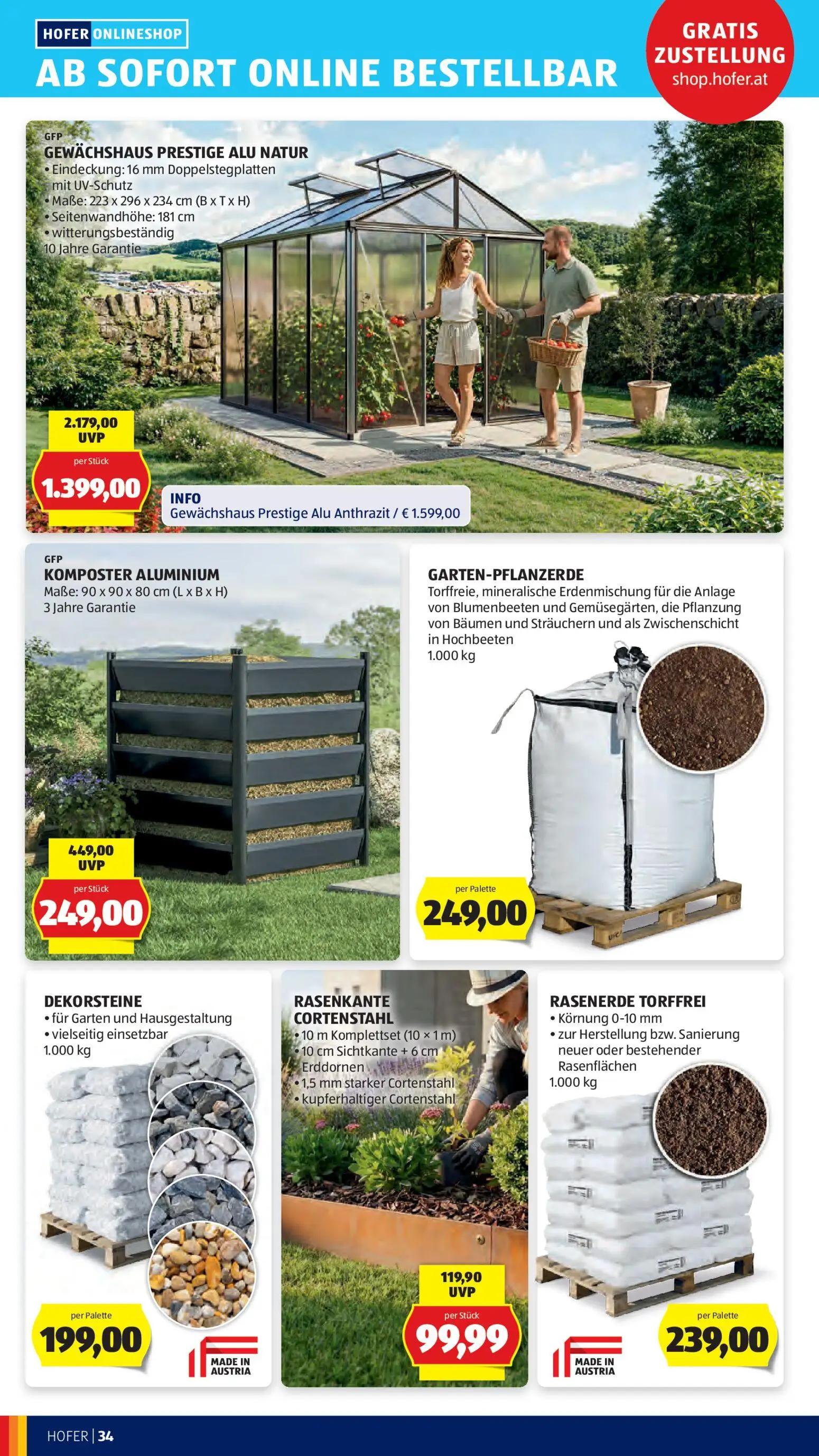 Hofer Prospekt, Seite 40 von 48 — GEWÄCHSHAUS PRESTIGE ALU NATUR, KOMPOSTER ALUMINIUM, RASENKANTE CORTENSTAHL