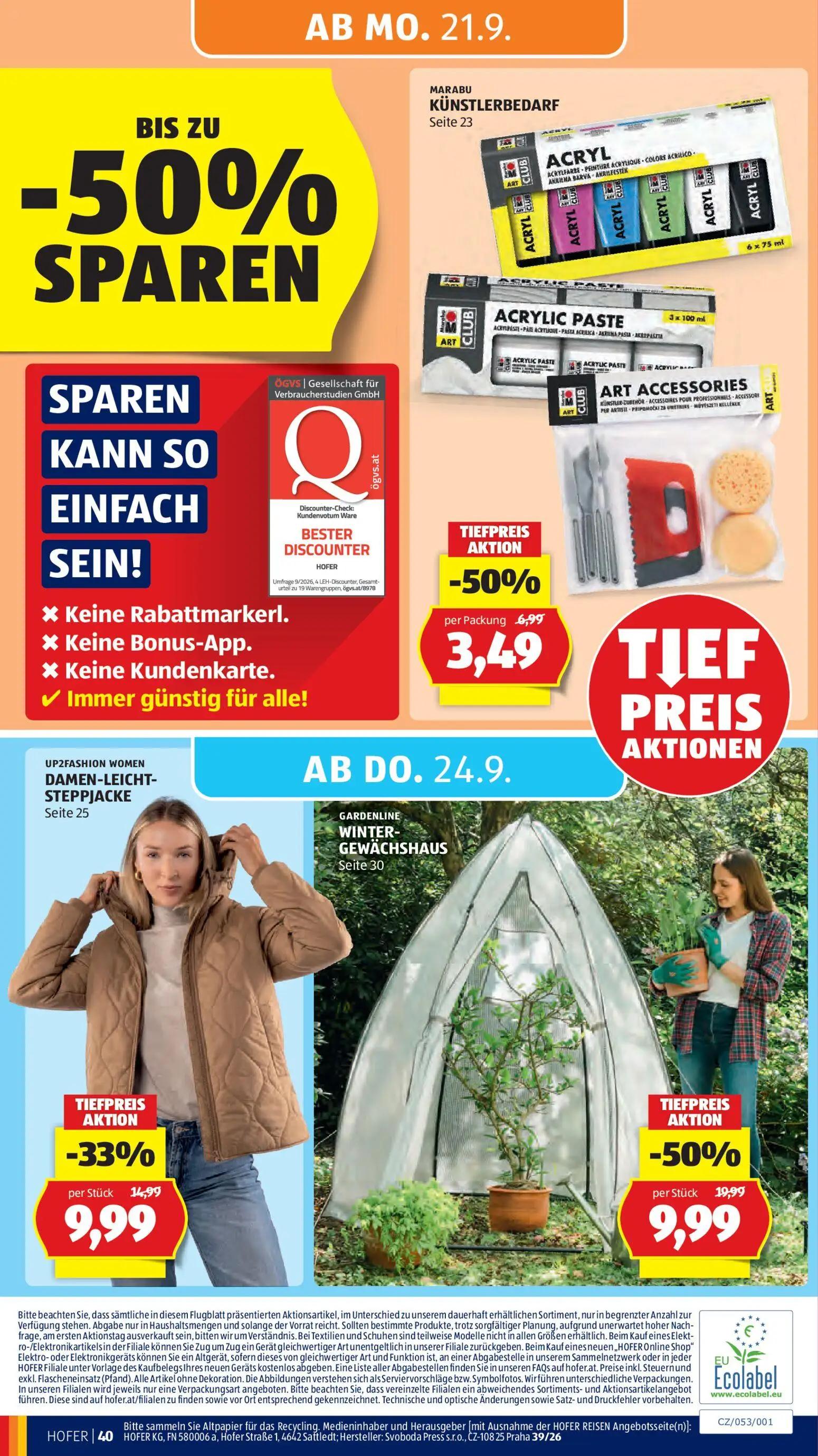 Hofer Prospekt, Seite 46 von 48 — GARDENLINE WINTER-GEWÄCHSHAUS, UP2FASHION WOMEN DAMEN-LEICHT-STEPPJACKE, MARABU KÜNSTLERBE…