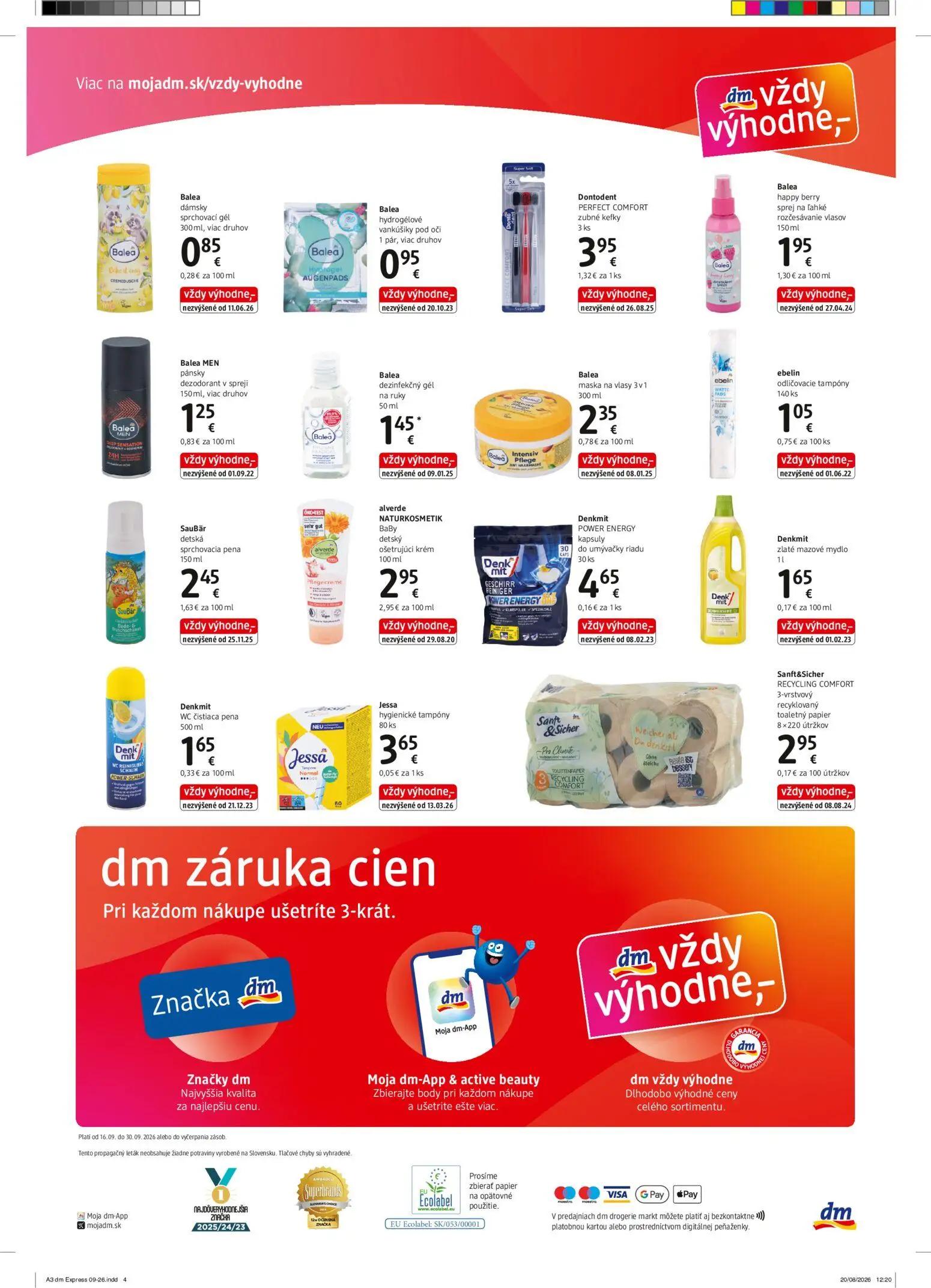 DM Drogerie leták, strana 4 z 4 — Balea dámsky sprchovací gél 300 ml, viac druhov, Balea hydrogélové vankúšiky pod oči 1 pár…