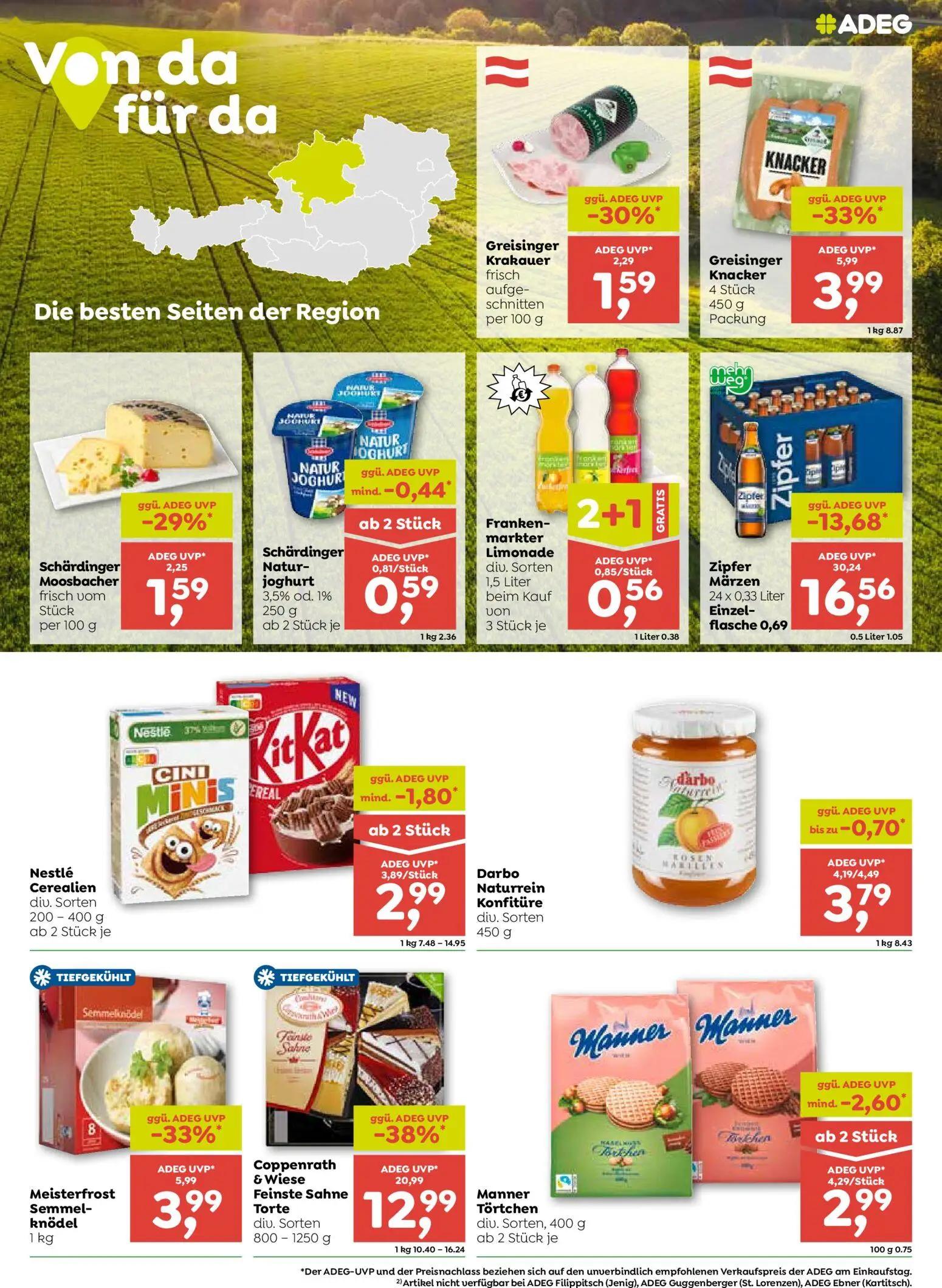 ADEG Prospekt, Seite 4 von 8 — Zipfer Märzen, Coppenrath & Wiese Feinste Sahne Torte, Greisinger Knacker