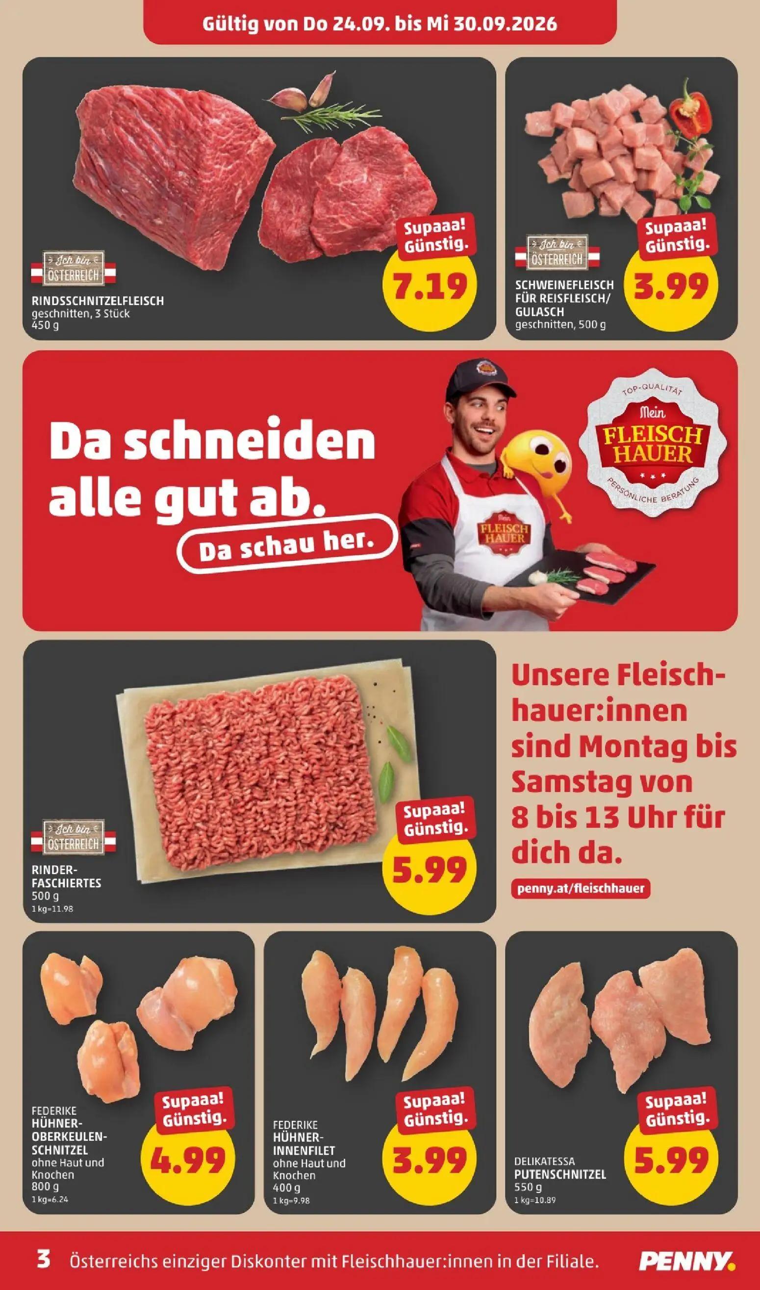 PENNY Prospekt, Seite 3 von 8 — RINDSSCHNITZELFLEISCH geschnitten, 3 Stück, SCHWEINEFLEISCH FÜR REISFLEISCH/GULASCH geschnit…