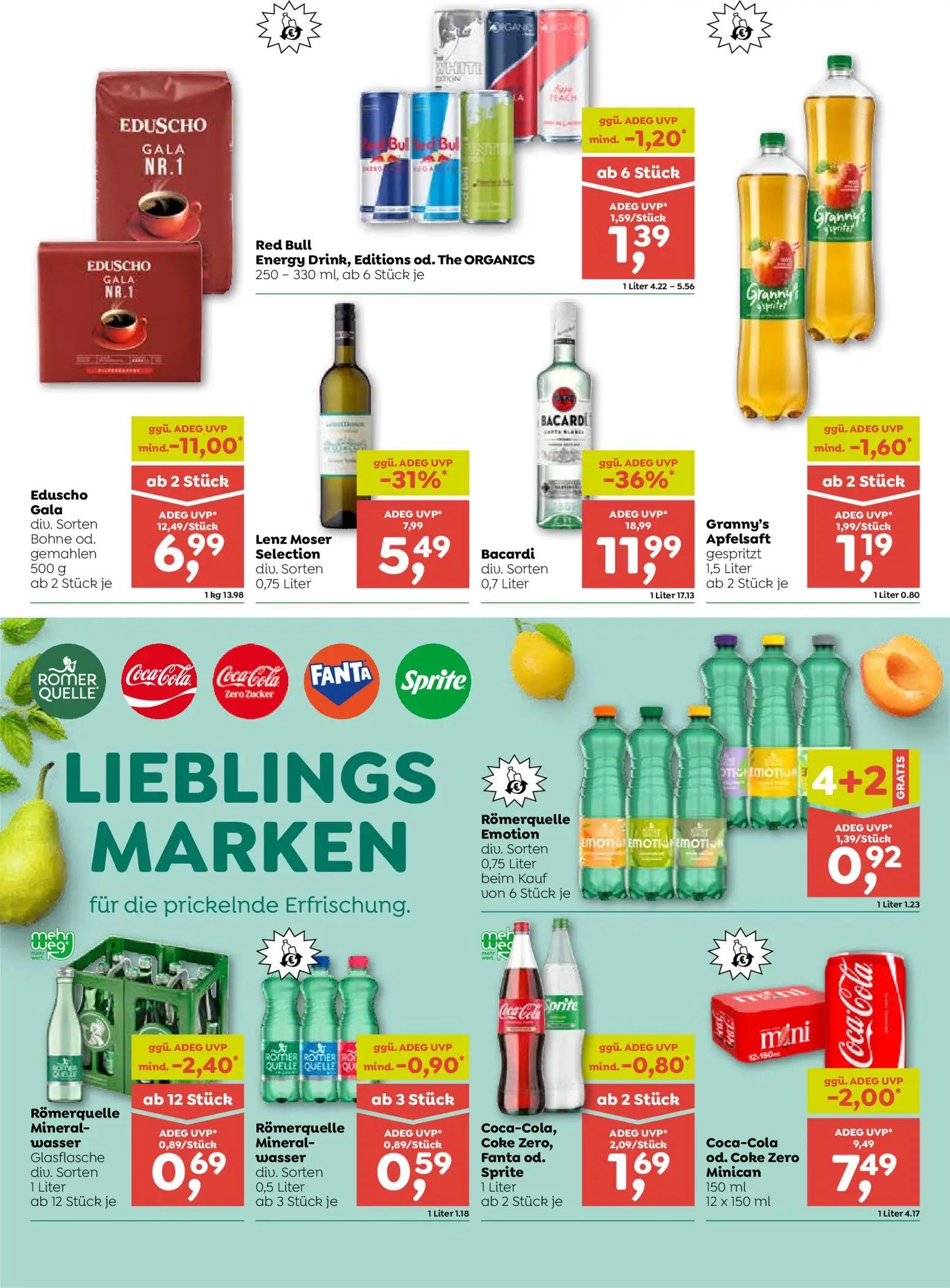 ADEG Prospekt, Seite 6 von 8 — Bacardi diu. Sorten, Eduscho Gala div. Sorten Bohne od. gemahlen, Lenz Moser Selection diu. S…