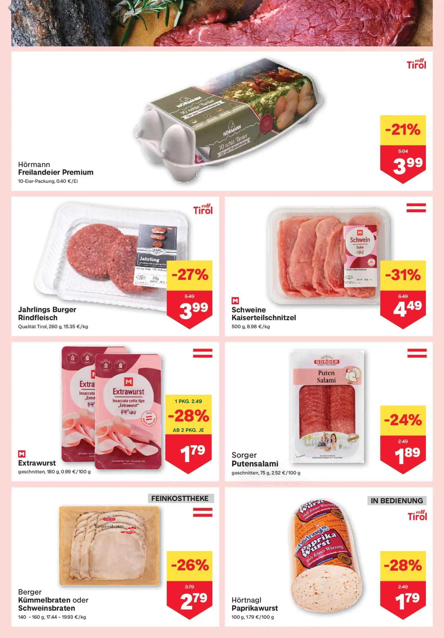 MPREIS Prospekt, Seite 3 von 17 — Schweine Kaiserteilschnitzel, Jahrlings Burger Rindfleisch, Hörmann Freilandeier Premium