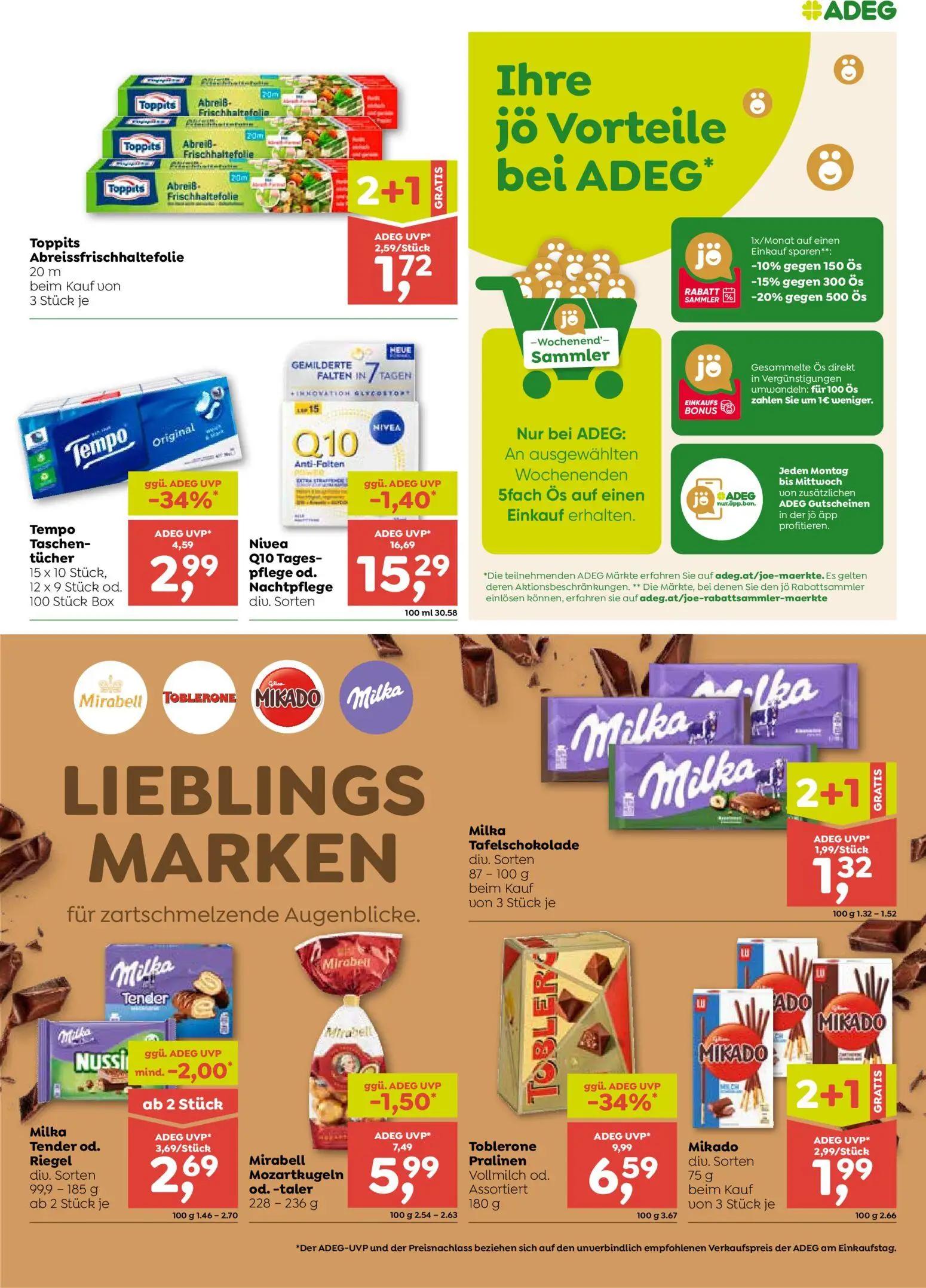 ADEG Prospekt, Seite 7 von 8 — Toblerone Pralinen Vollmilch od. Assortiert, Tempo Taschentücher, Mirabell Mozartkugeln od. -…