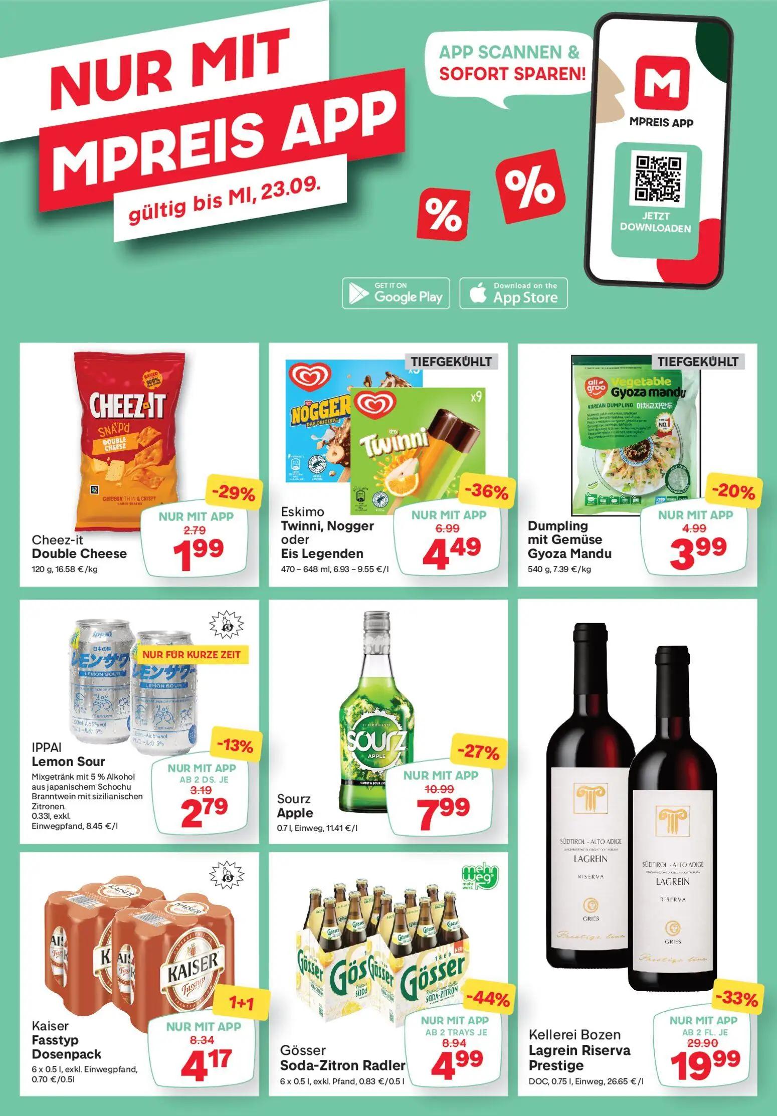 MPREIS Prospekt, Seite 14 von 17 — Kellerei Bozen Lagrein Riserva Prestige, Kaiser Fasstyp Dosenpack, Gösser Soda-Zitron Rad…