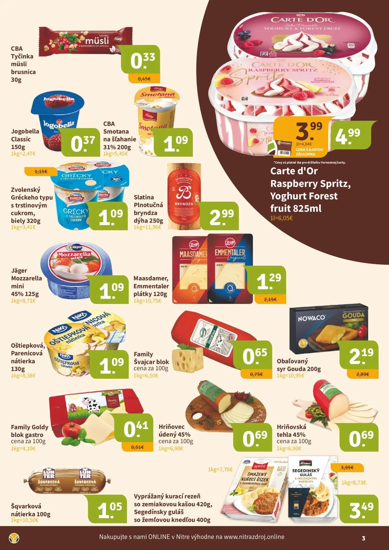 Nitrazdroj leták, strana 3 z 16 — Jogobella Classic, Carte d'Or Raspberry Spritz, Yoghurt Forest fruit, Maasdamer, Emmentale…