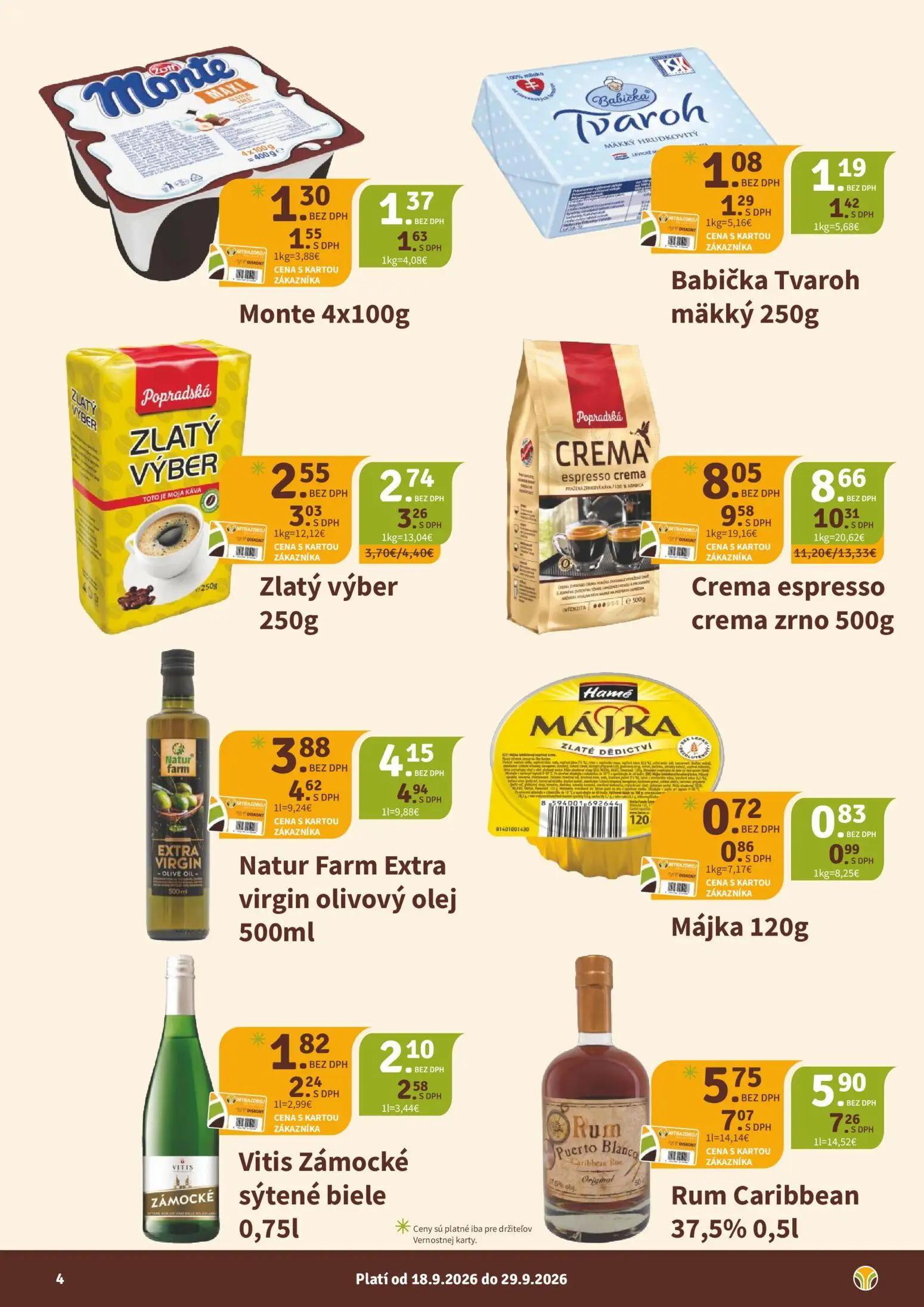 Nitrazdroj leták, strana 4 z 8 — Crema espresso crema zrno, Vitis Zámocké sýtené biele, Natur Farm Extra virgin olivový olej
