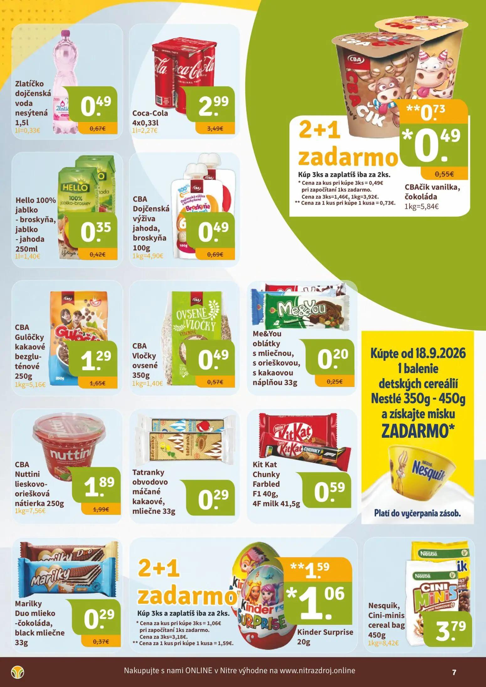 Nitrazdroj leták, strana 7 z 16 — Kinder Surprise, Coca-Cola, CBA Gulôčky kakaové bezgluténové