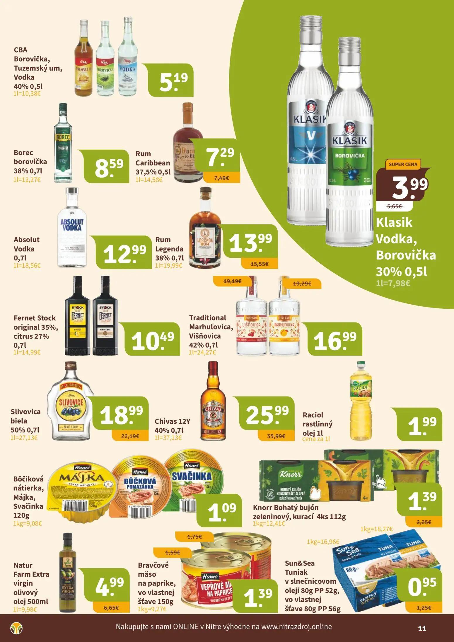 Nitrazdroj leták, strana 11 z 16 — Chivas 12Y, Slivovica biela, Traditional Marhuľovica, Višňovica