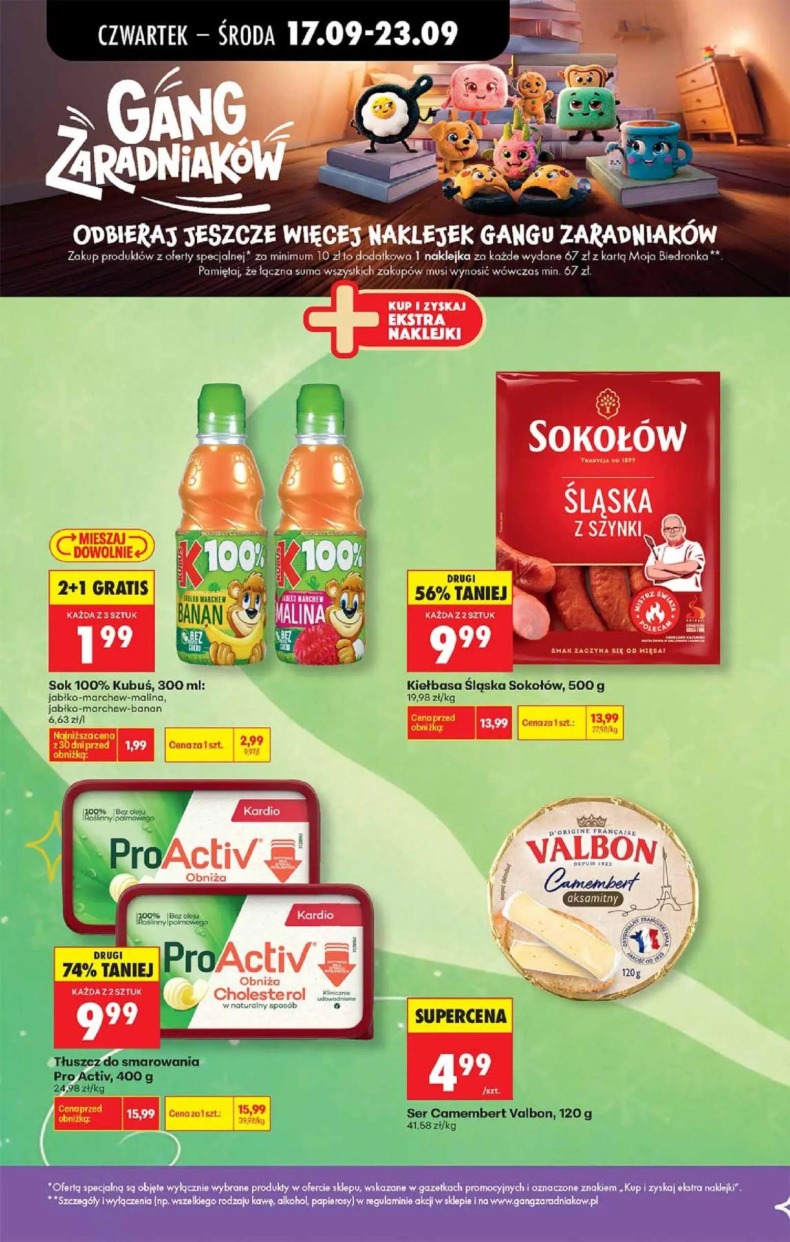 Biedronka gazetka, strona 6 z 6 — Tłuszcz do smarowania Pro Activ Obniża Cholesterol, Kiełbasa Śląska Sokołów, Sok 100% Kubu…