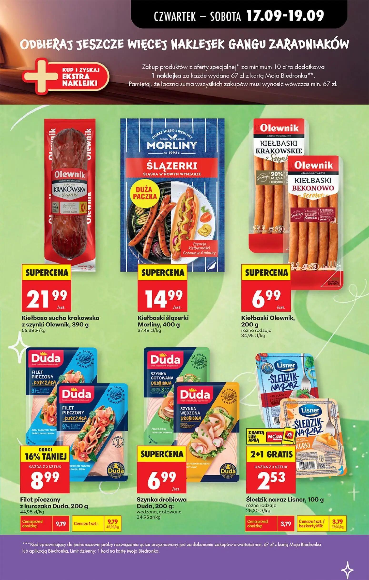 Biedronka gazetka, strona 26 z 85 — Śledzik na raz Lisner, Filet pieczony z kurczaka Duda, Kiełbasa sucha krakowska z szynki…