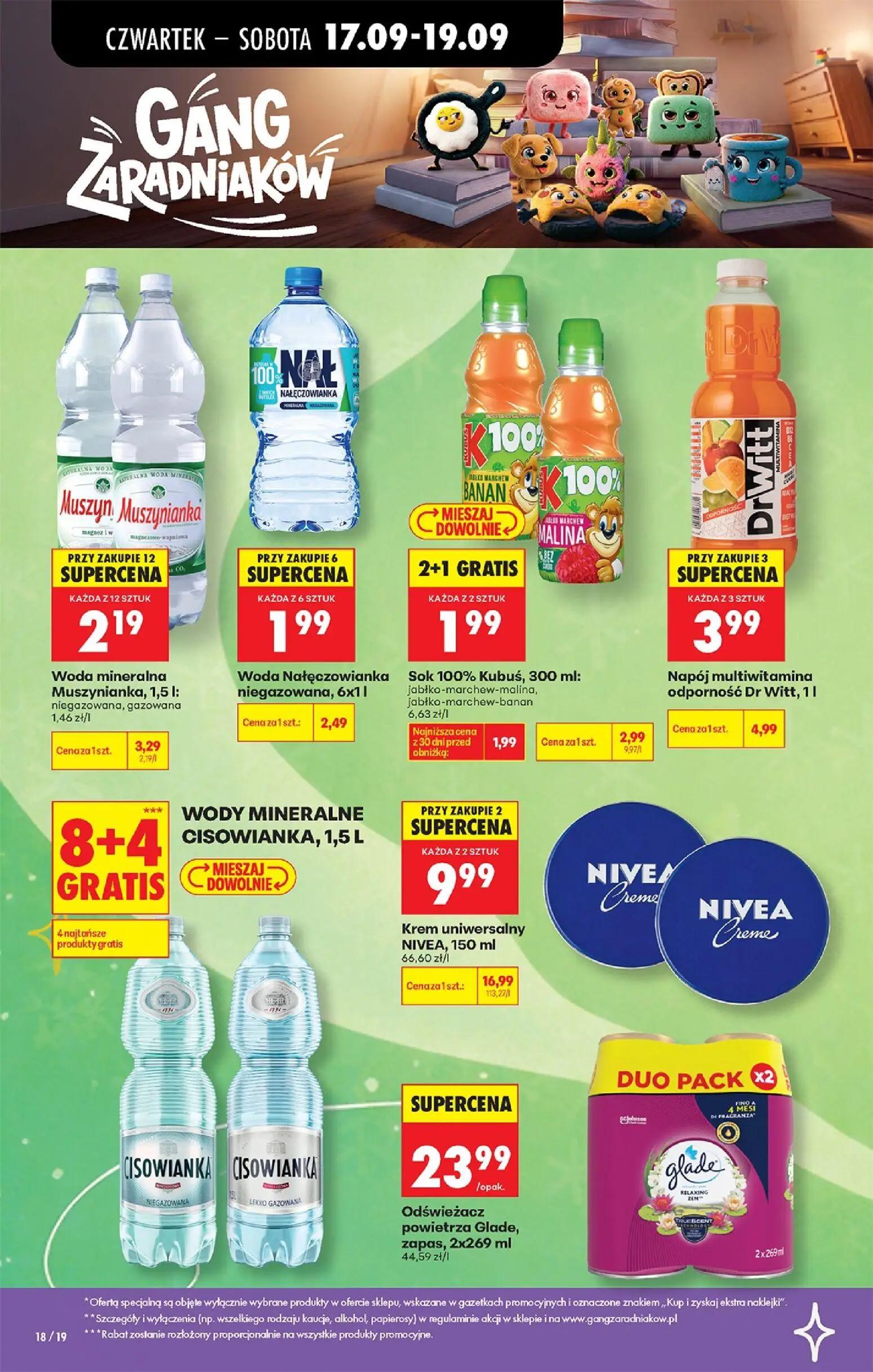 Biedronka gazetka, strona 27 z 85 — Woda mineralna Muszynianka, Woda Nałęczowianka niegazowana, Sok 100% Kubuś, jabłko-march…