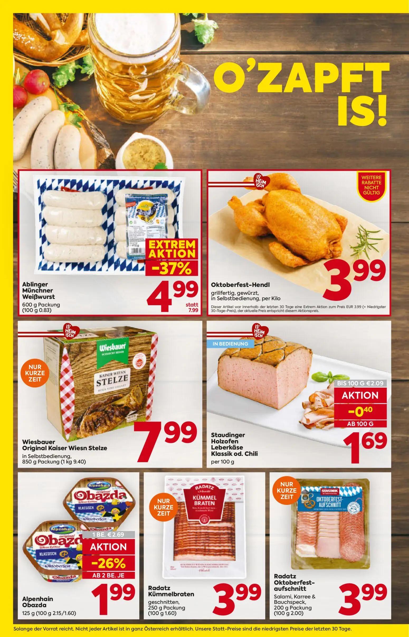 Billa Prospekt, Seite 4 von 16 — Ablinger Münchner Weißwurst, Alpenhain Obazda, Staudinger Holzofen Leberkäse Klassik od. Ch…