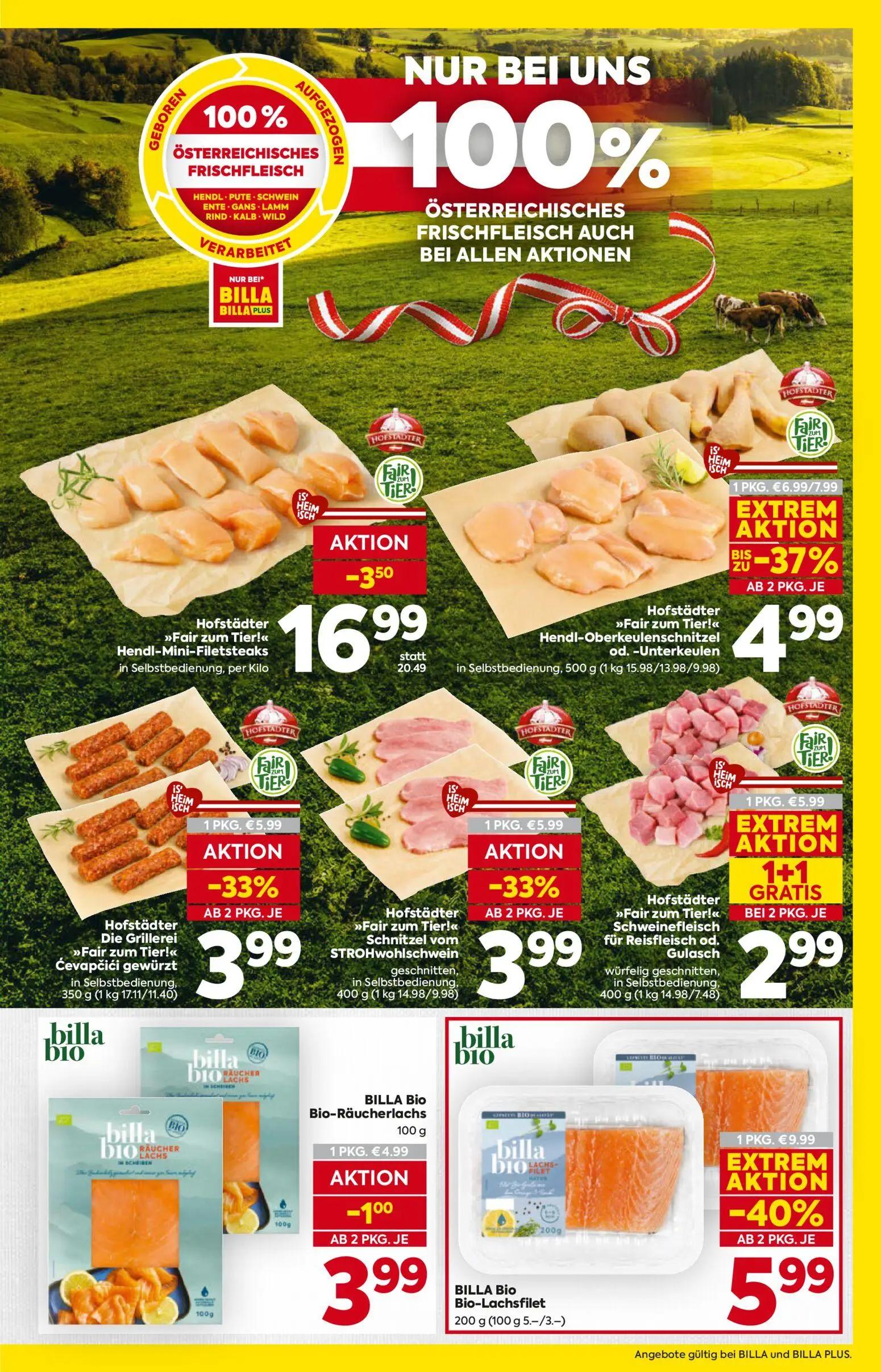 Billa Prospekt, Seite 7 von 16 — BILLA Bio Bio-Lachsfilet, Hofstädter Hendl-Mini-Filetsteaks, Hofstädter Hendl-Oberkeulensch…