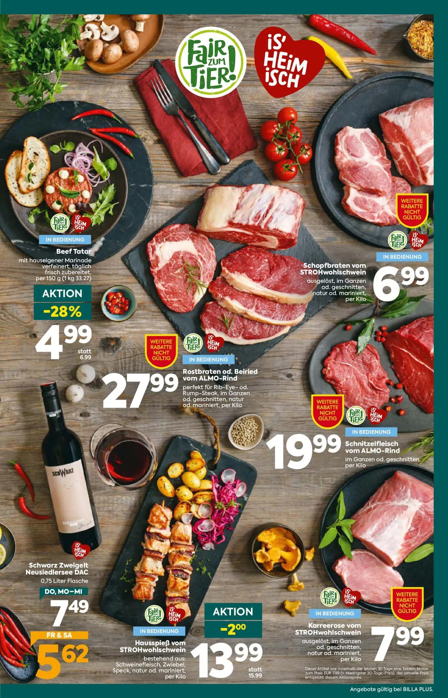 Billa Plus Prospekt, Seite 9 von 20 — Beef Tatar mit hauseigener Marinade verfeinert, täglich frisch zubereitet,, Hausspieß …