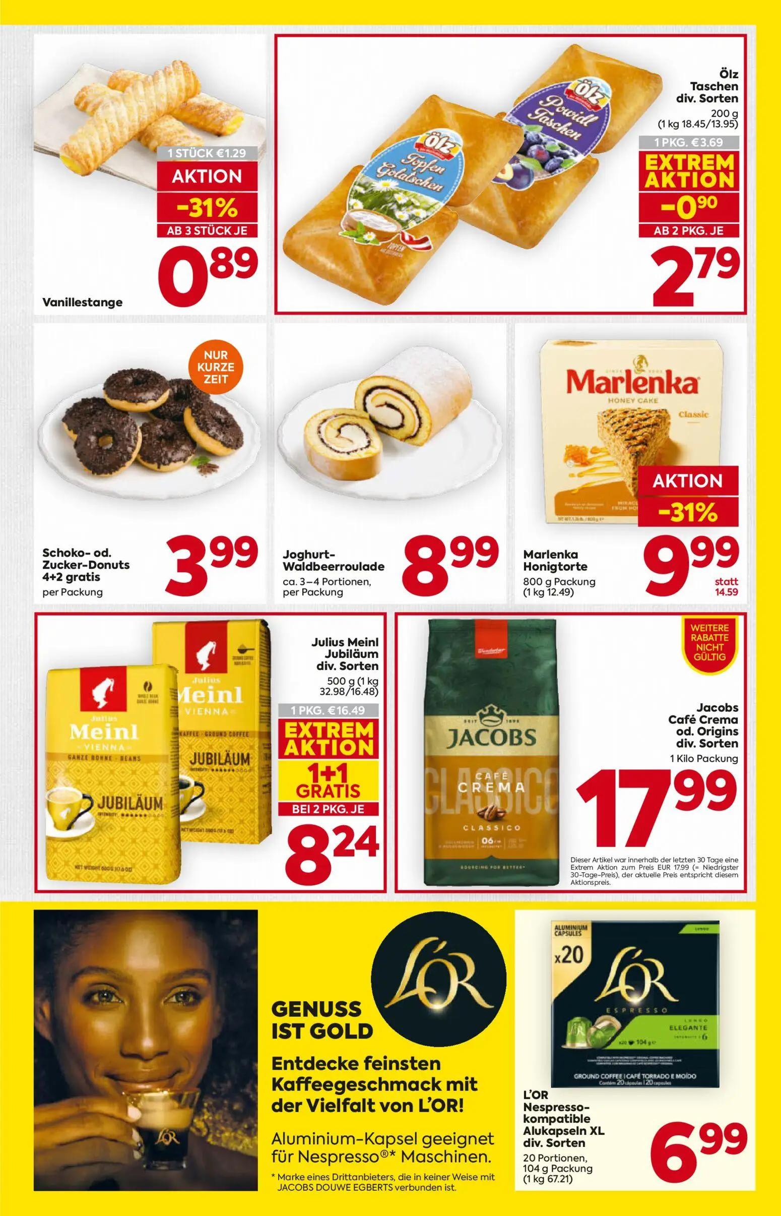 Billa Prospekt, Seite 11 von 16 — Julius Meinl Jubiläum div. Sorten, Marlenka Honigtorte, Ölz Taschen div. Sorten
