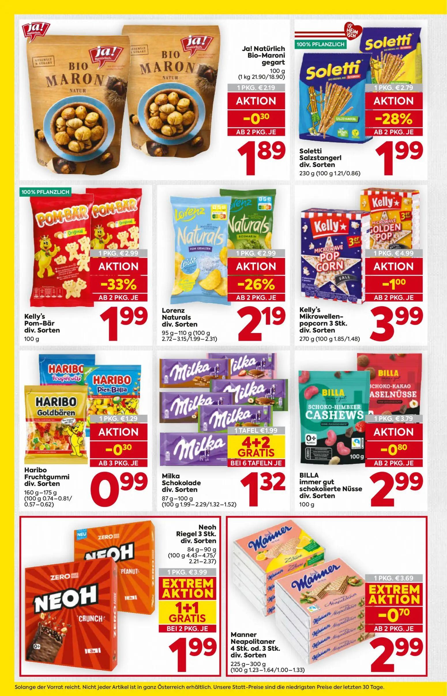 Billa Prospekt, Seite 12 von 16 — Neoh Riegel 3 Stk. div. Sorten, Kelly's Pom-Bär div. Sorten, Kelly's Mikrowellen-popcorn 3…