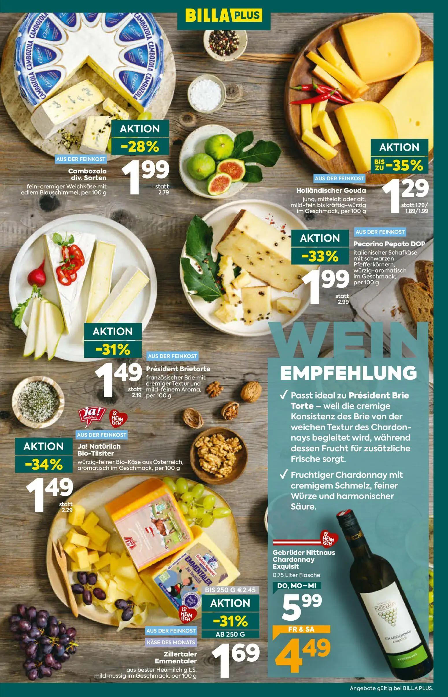 Billa Plus Prospekt, Seite 11 von 20 — Gebrüder Nittnaus Chardonnay Exquisit, Pecorino Pepato DOP, Cambozola div. Sorten