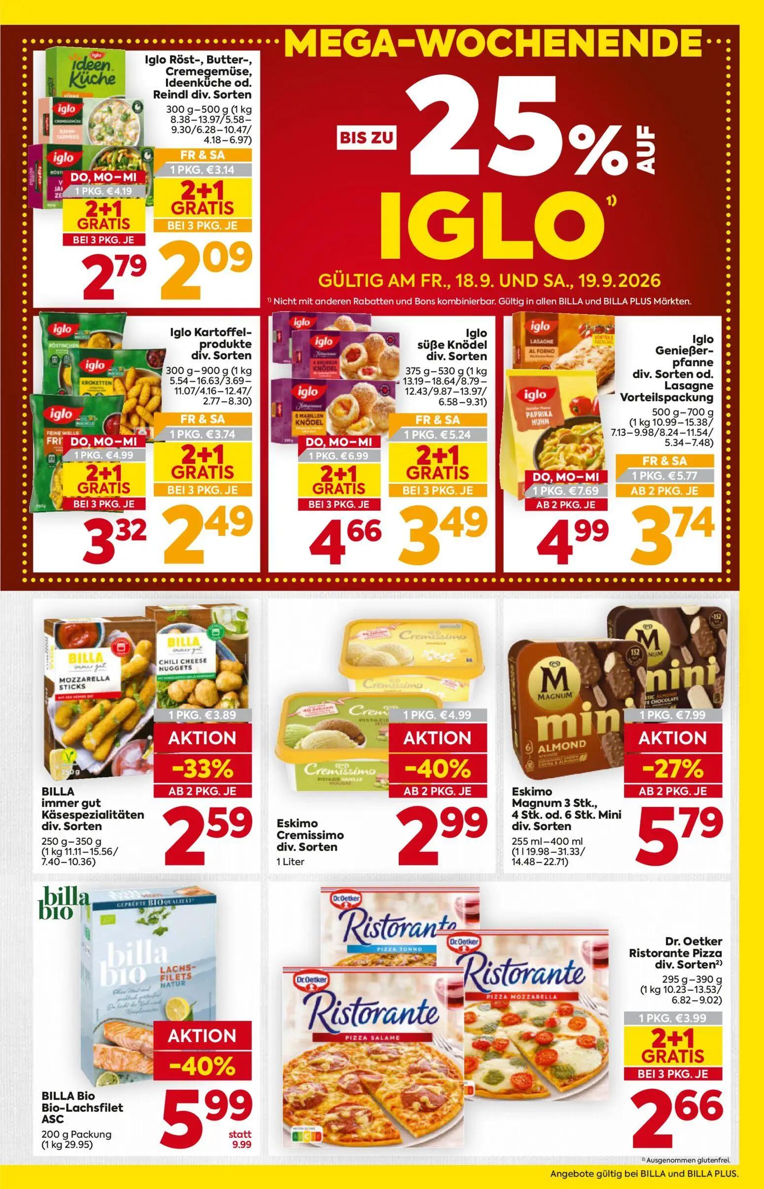 Billa Prospekt, Seite 13 von 16 — BILLA Bio Bio-Lachsfilet ASC, Eskimo Magnum 3 Stk., 4 Stk. od. 6 Stk. Mini div. Sorten, Es…