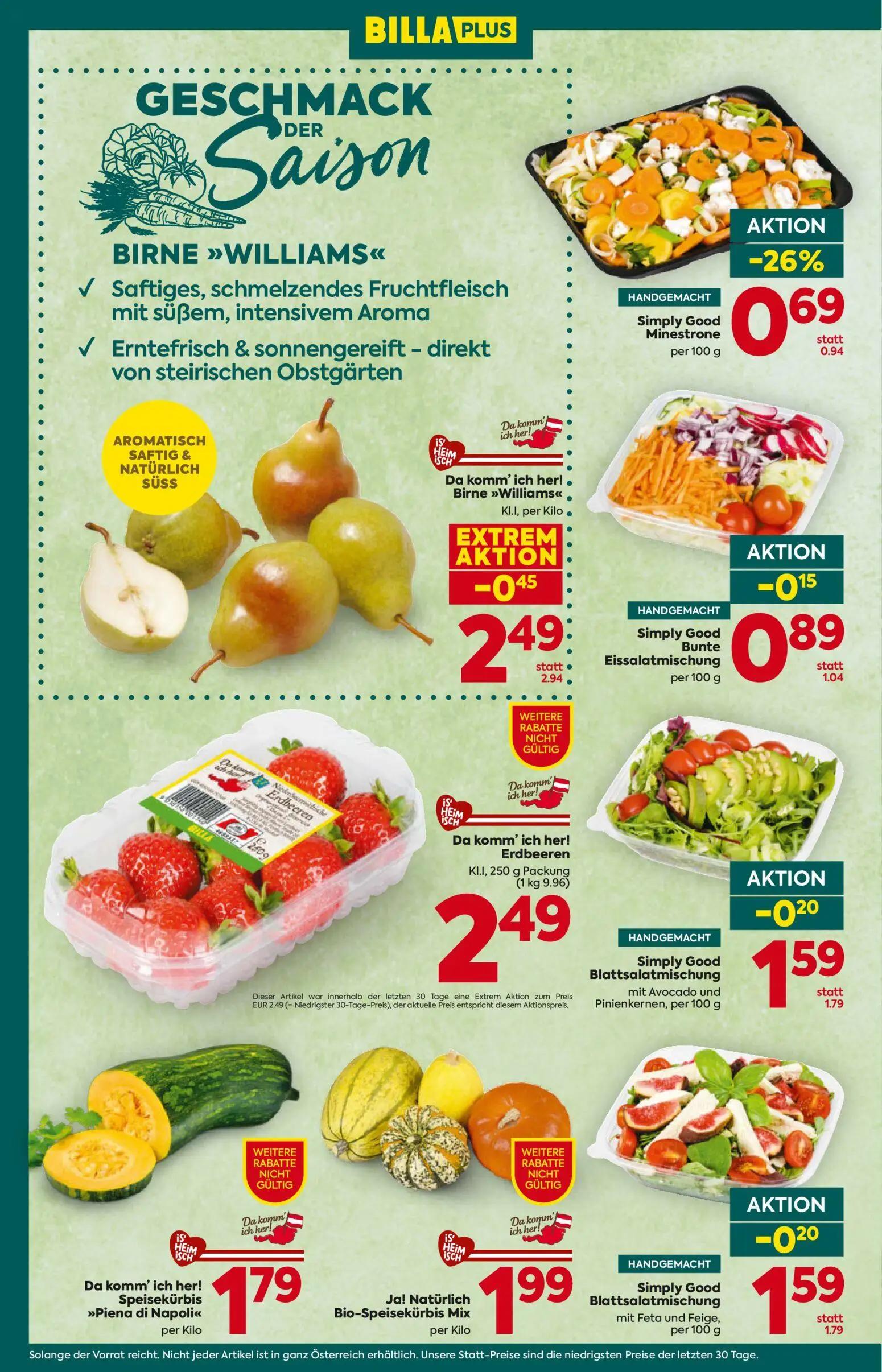 Billa Plus Prospekt, Seite 12 von 20 — Birne "Williams", Minestrone, Simply Good Blattsalatmischung mit Avocado und Pinienke…