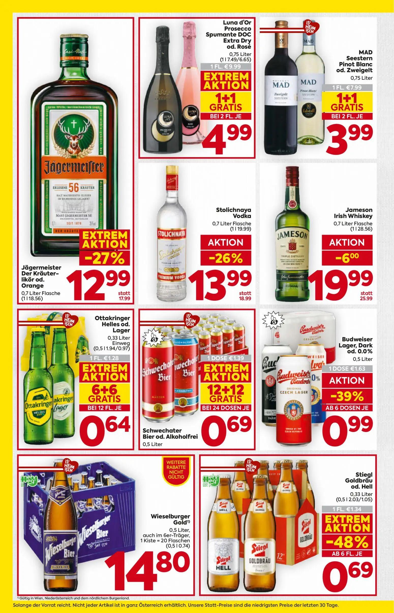 Billa Prospekt, Seite 14 von 16 — Jameson Irish Whiskey, Jägermeister Der Kräuterlikör od. Orange, Luna d'Or Prosecco Spuman…
