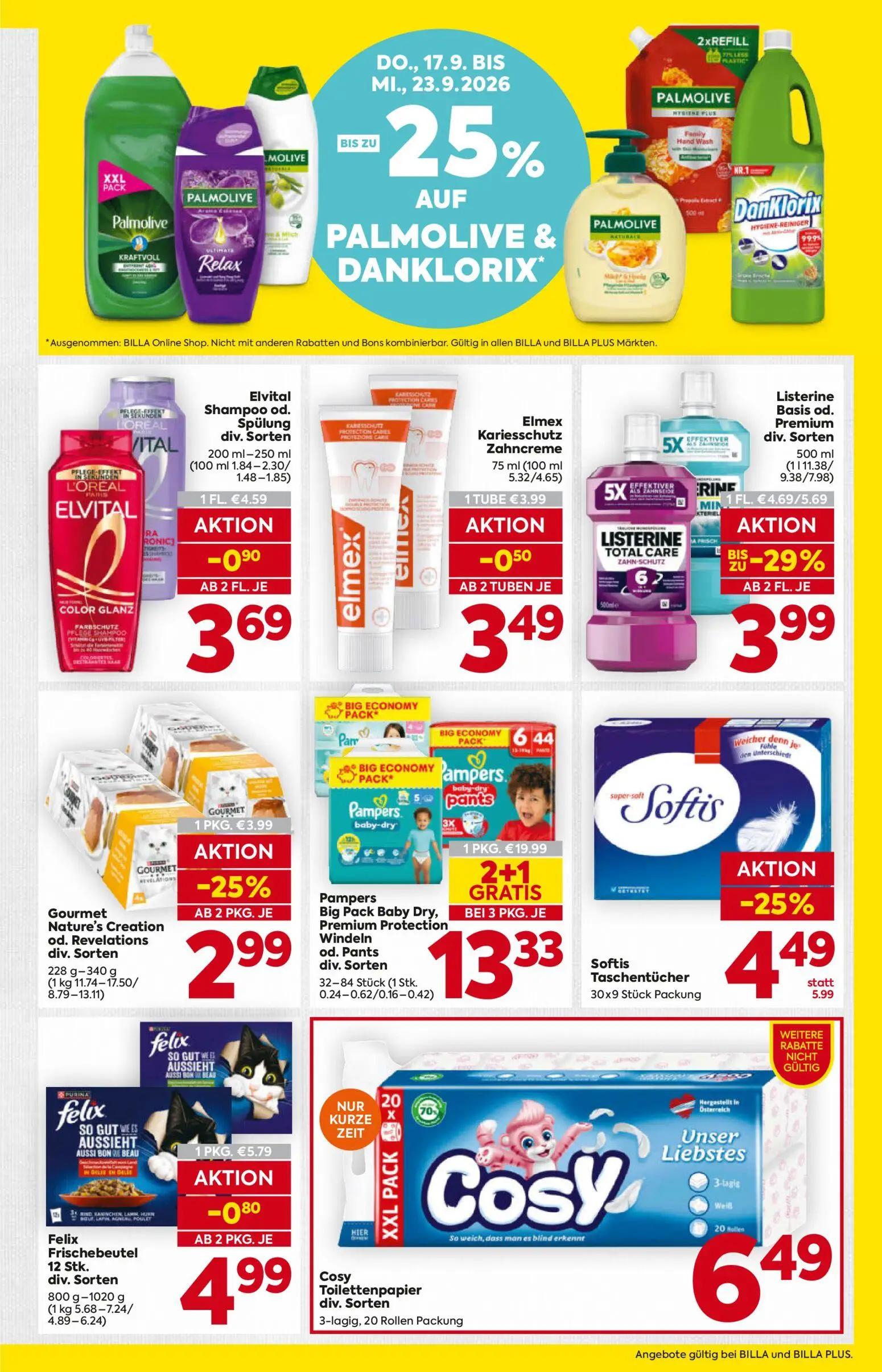Billa Prospekt, Seite 15 von 16 — Pampers Big Pack Baby Dry, Premium Protection Windeln od. Pants div. Sorten, Listerine Bas…