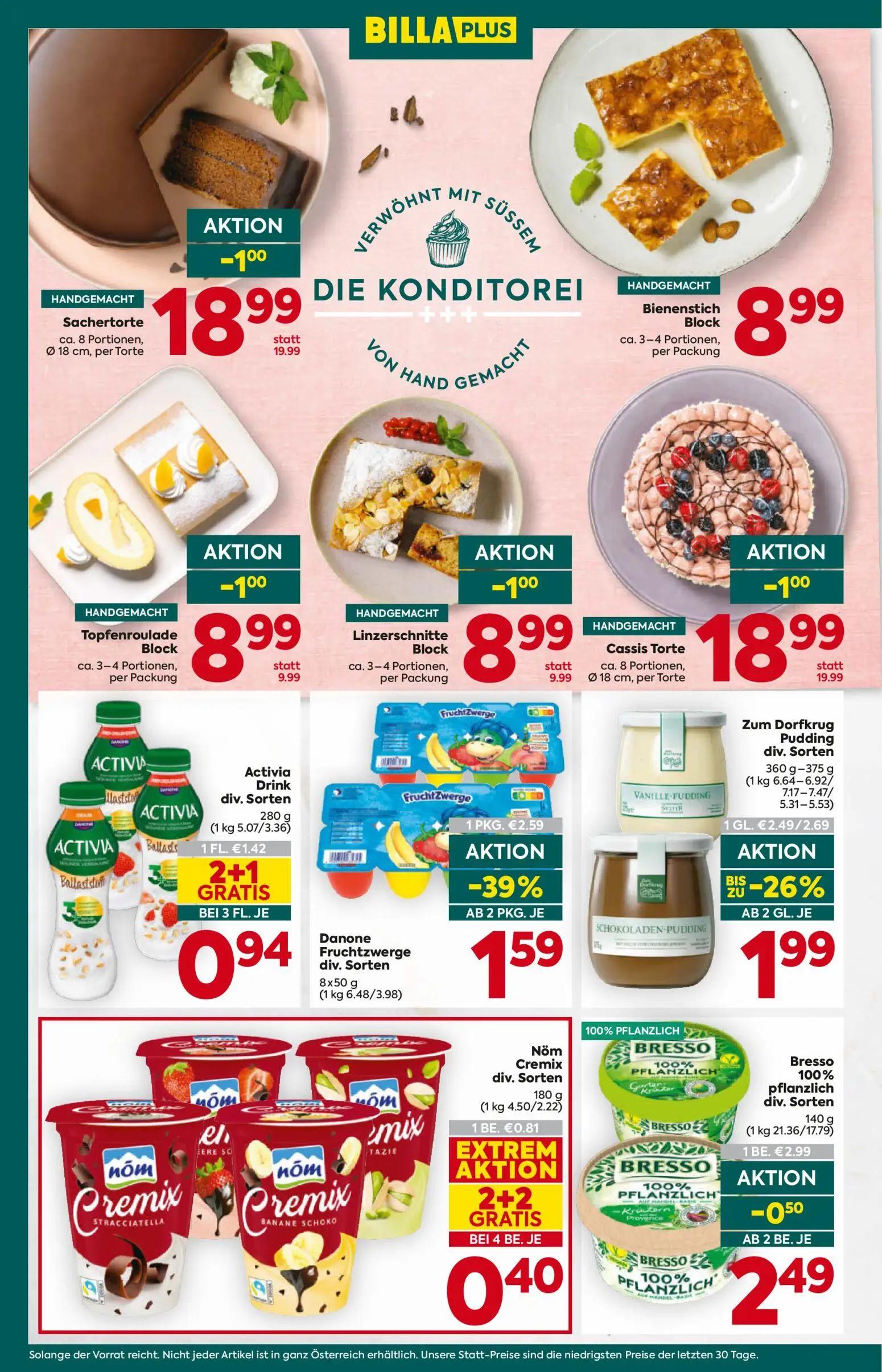Billa Plus Prospekt, Seite 14 von 20 — Sachertorte, Topfenroulade Block, Linzerschnitte Block