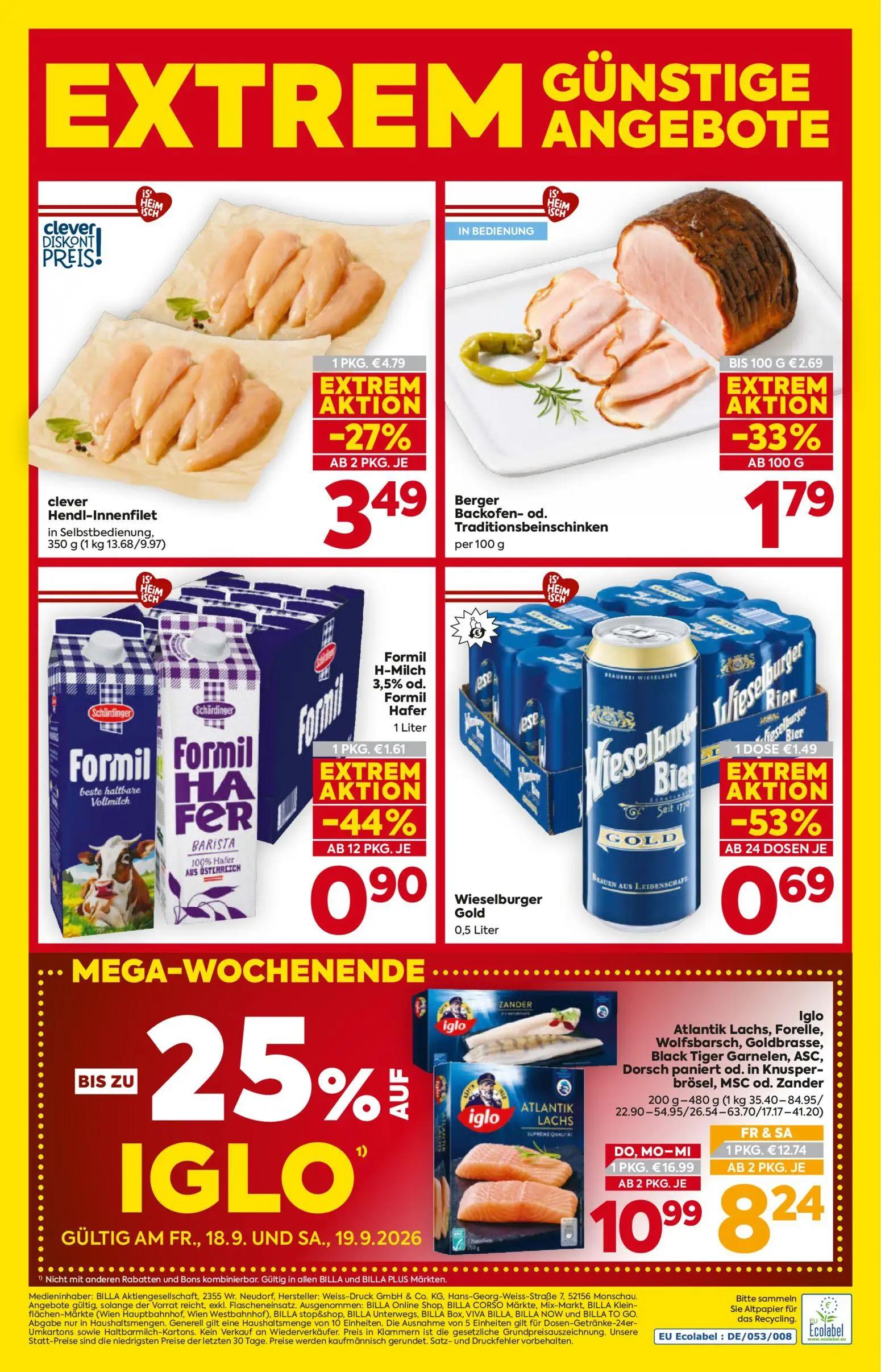 Billa Prospekt, Seite 16 von 16 — Iglo Atlantik Lachs, Forelle, Wolfsbarsch, Goldbrasse, Black Tiger Garnelen, ASC, Dorsch p…