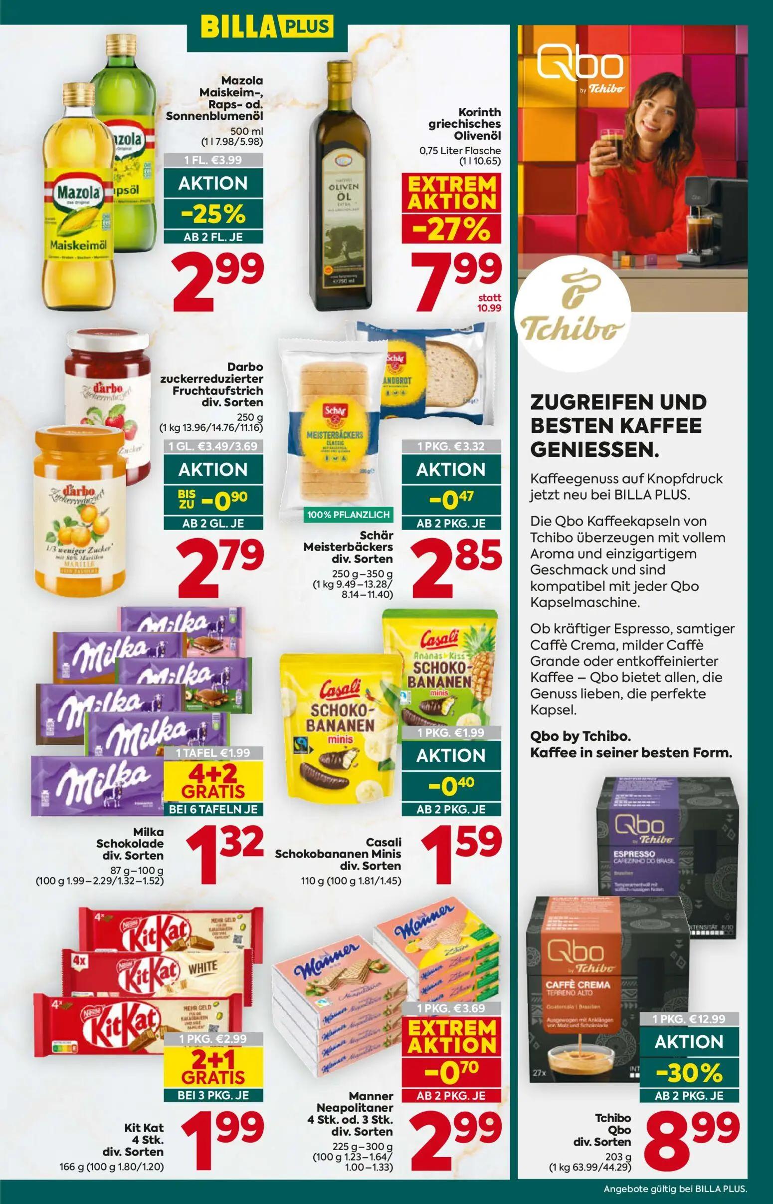 Billa Plus Prospekt, Seite 17 von 20 — Tchibo Qbo div. Sorten, Korinth griechisches Olivenöl, Mazola Maiskeim-, Raps- od. So…